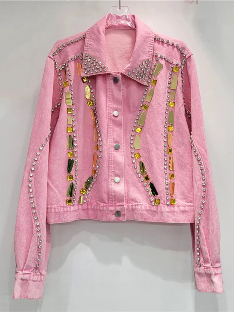 Pre Order:  Rhinestone Sequin Pink Denim Jacket