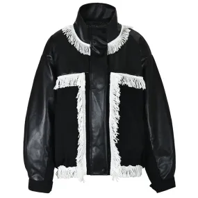 Pre Order:  Tassel Spliced Black Leather Jacket