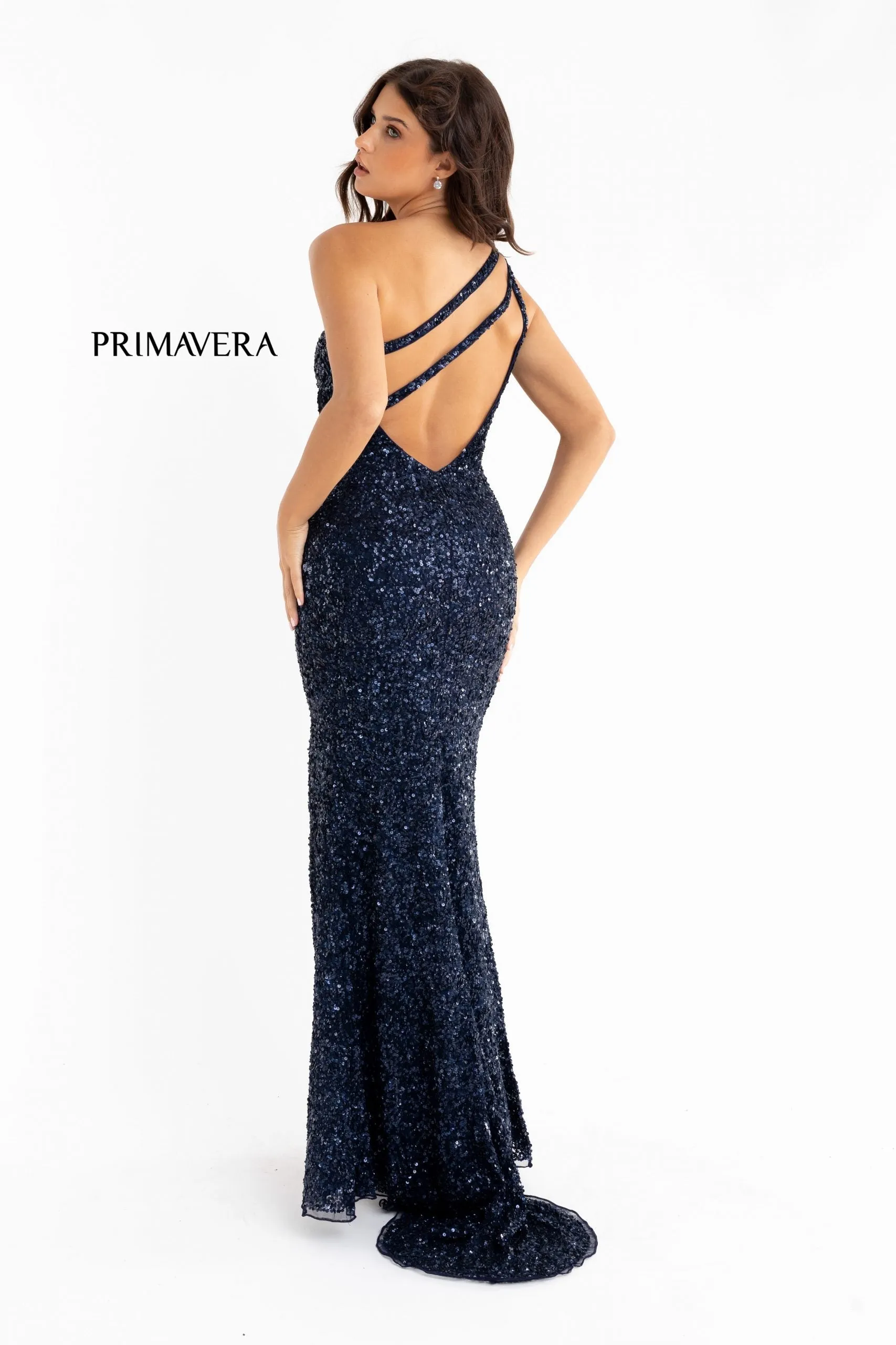 Primavera Couture 3761 Size 2, 4 One Shoulder Prom Dress Sequin Double Strap Back Slit Train Bright Blue