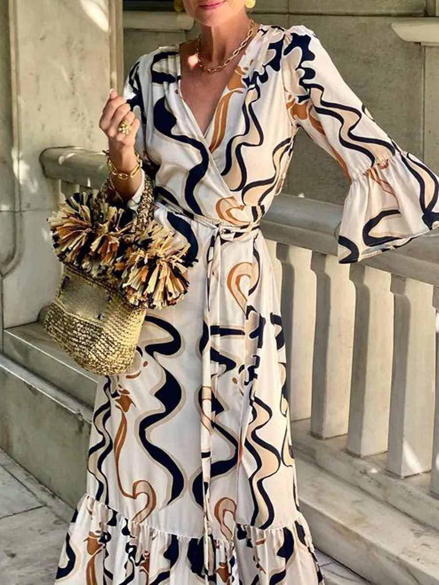 Printed V Neck Wrap Dress