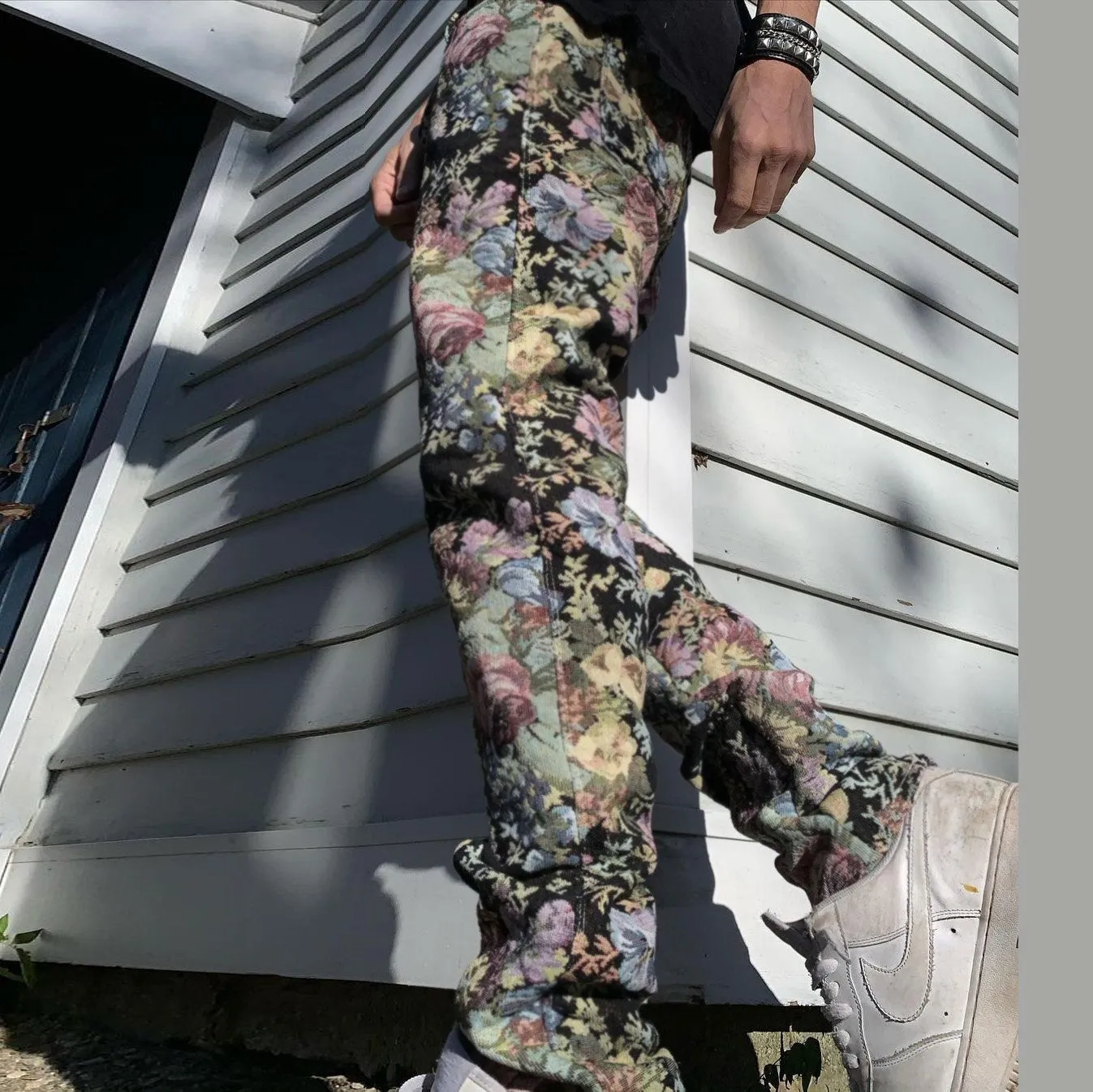 Retro flower print street style straight-leg trousers