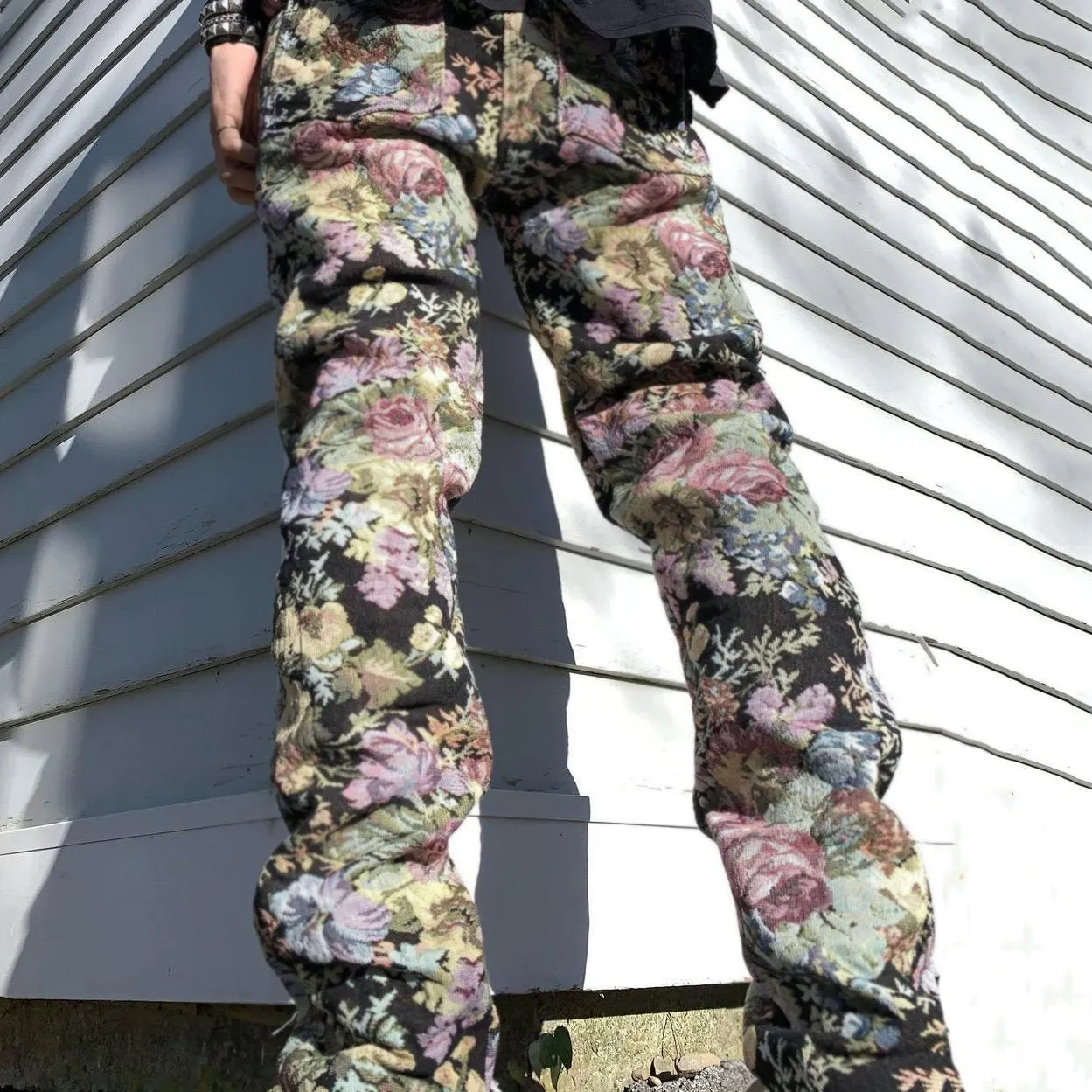 Retro flower print street style straight-leg trousers