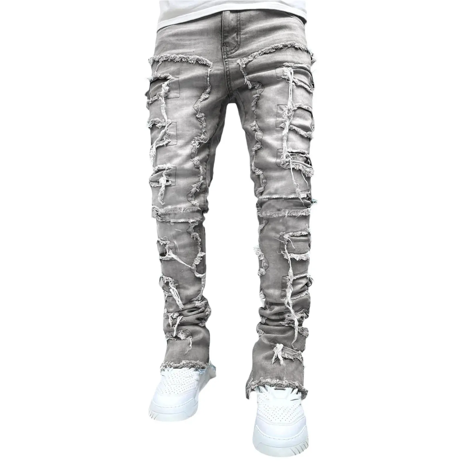 SeasonPrestige Men's Ripped Slim Fit Patched Distressed Destroyed Straight Denim Pants