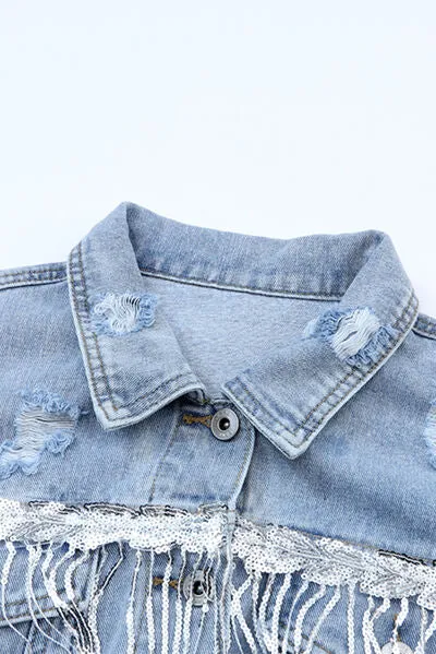 Sequin Fringe Trim Distressed Button Up Denim Jacket