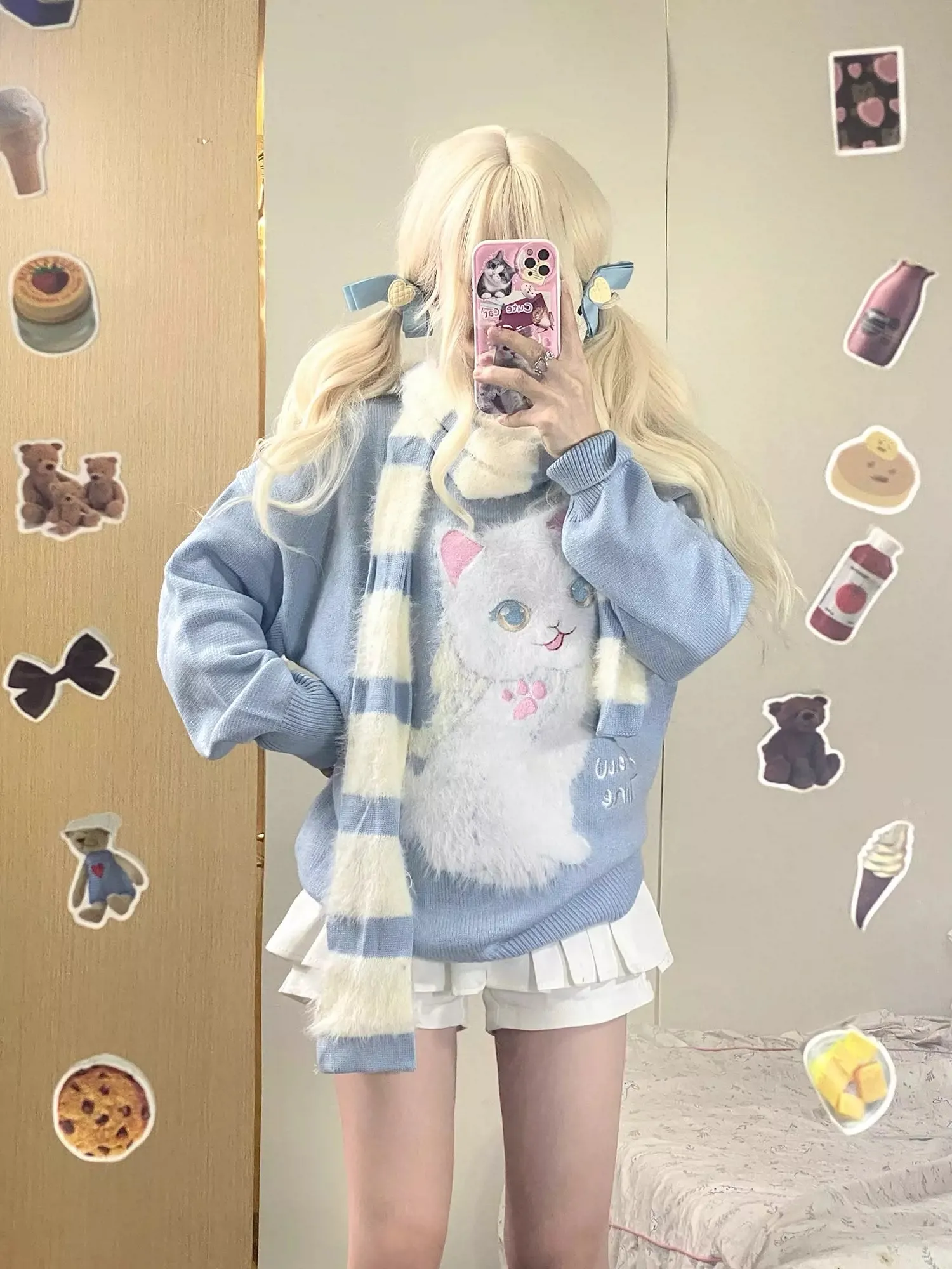 Serendipity Stars Cute Cat Pullover Knitted Embroidery Oversize Sweater