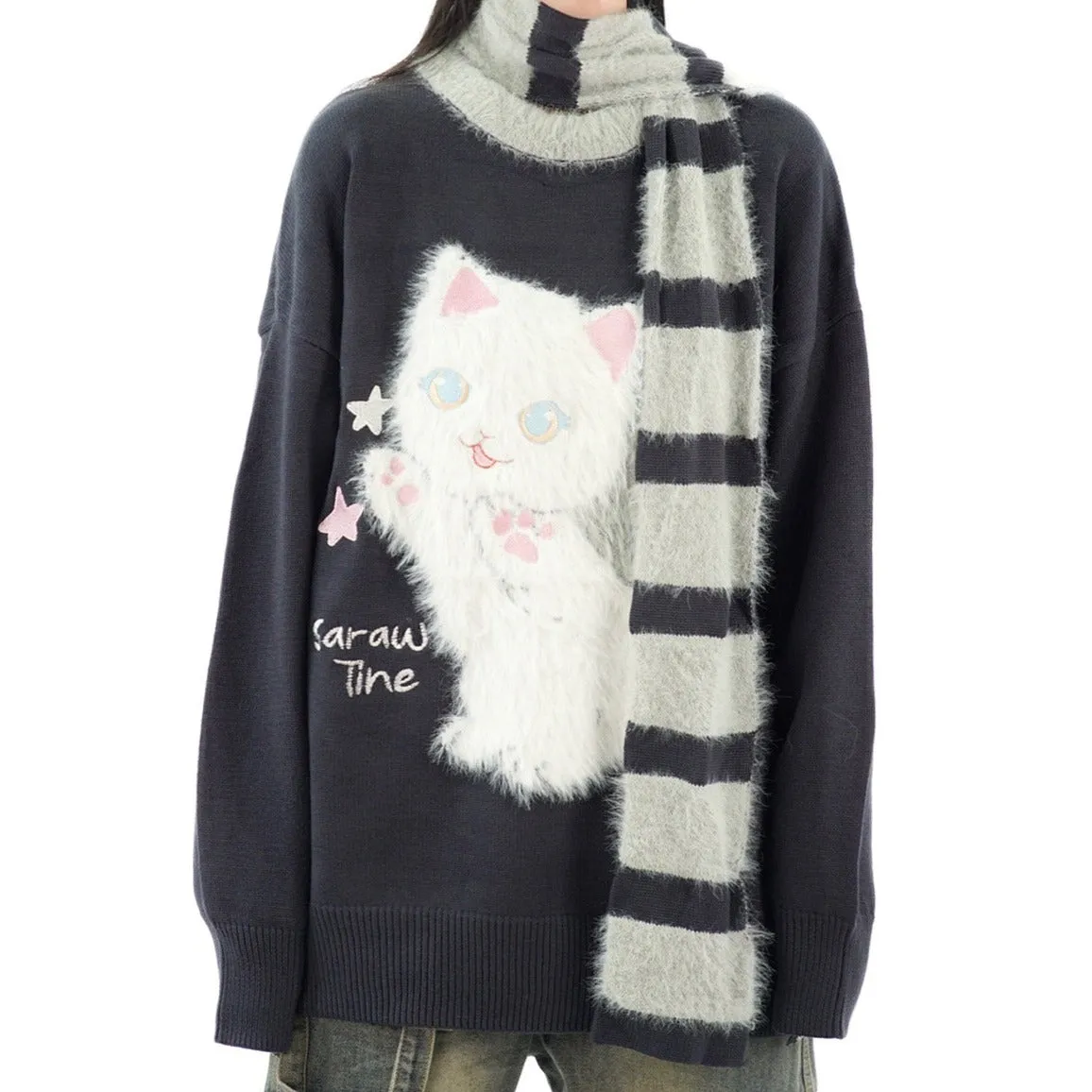 Serendipity Stars Cute Cat Pullover Knitted Embroidery Oversize Sweater