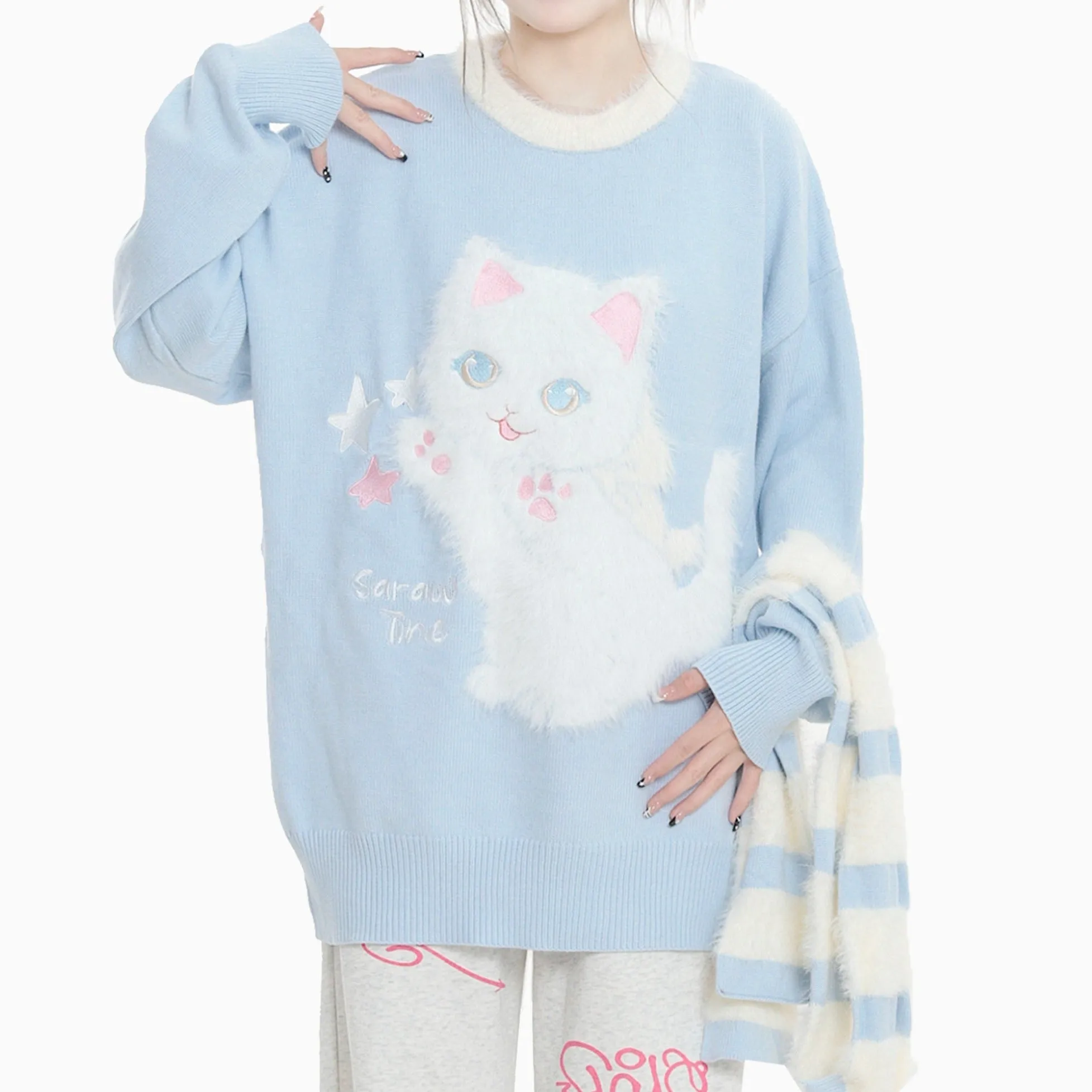 Serendipity Stars Cute Cat Pullover Knitted Embroidery Oversize Sweater