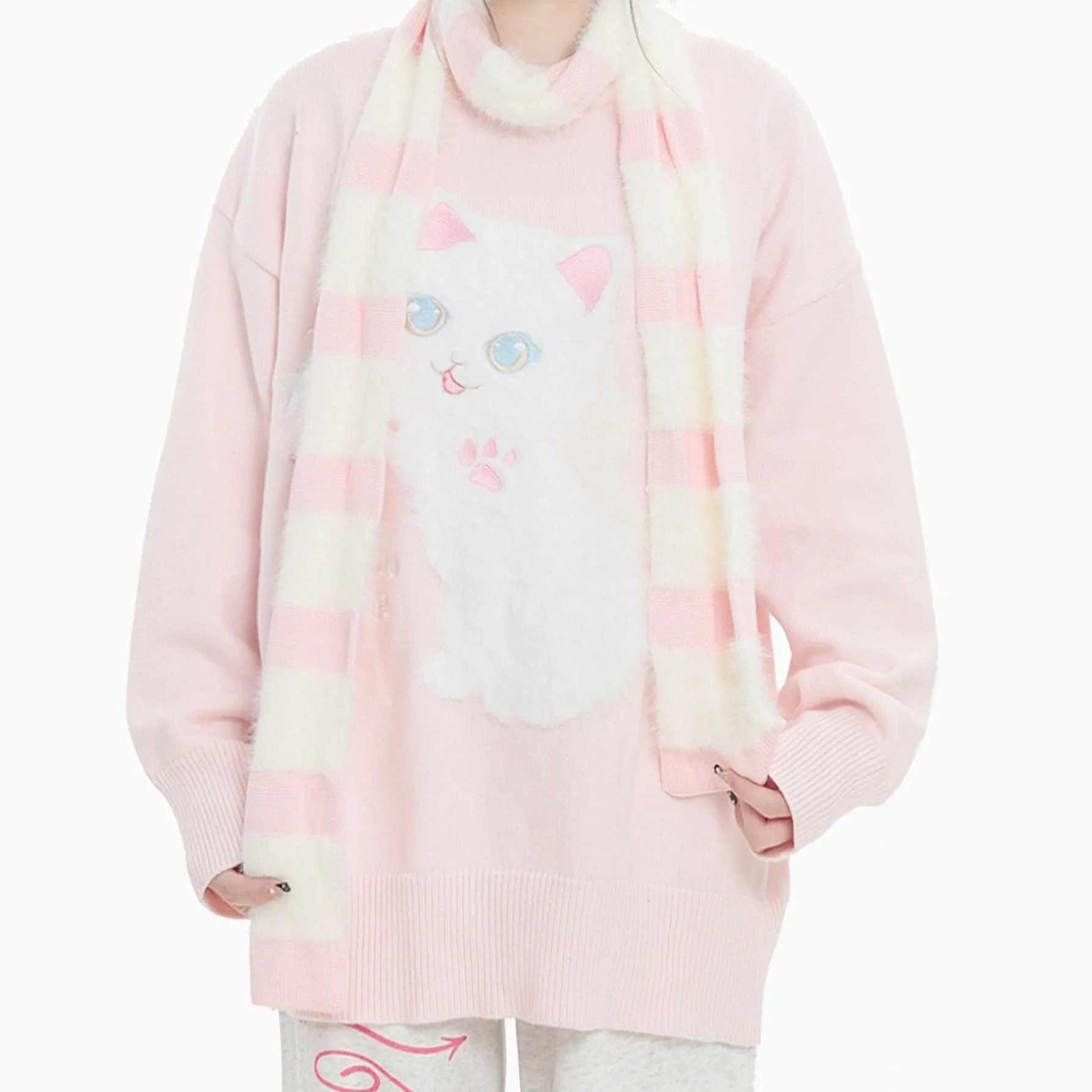 Serendipity Stars Cute Cat Pullover Knitted Embroidery Oversize Sweater