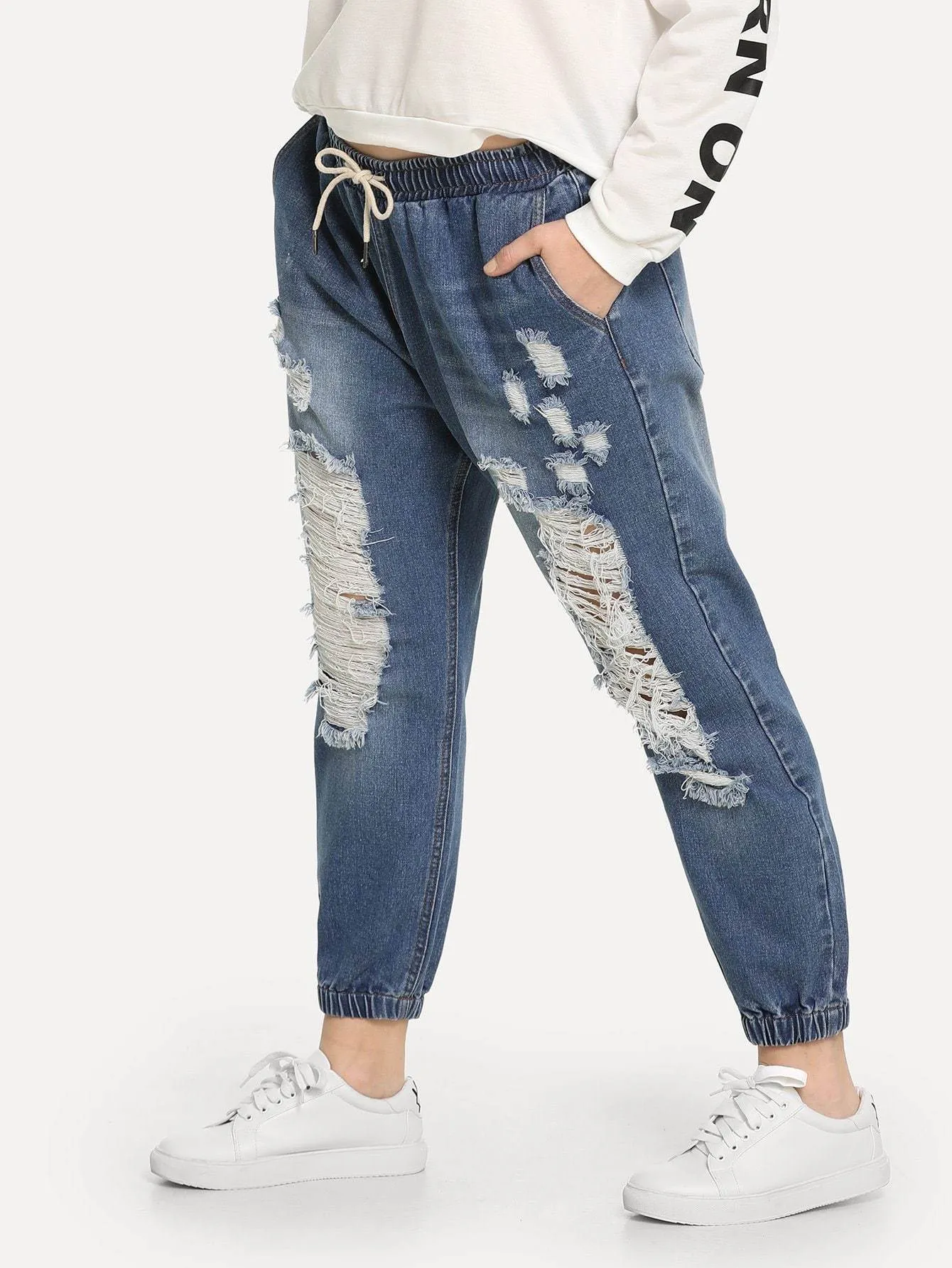 SHEIN Plus Drawstring Waist Bleach Wash Ripped Jeans