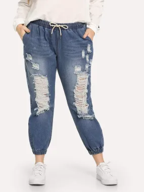 SHEIN Plus Drawstring Waist Bleach Wash Ripped Jeans