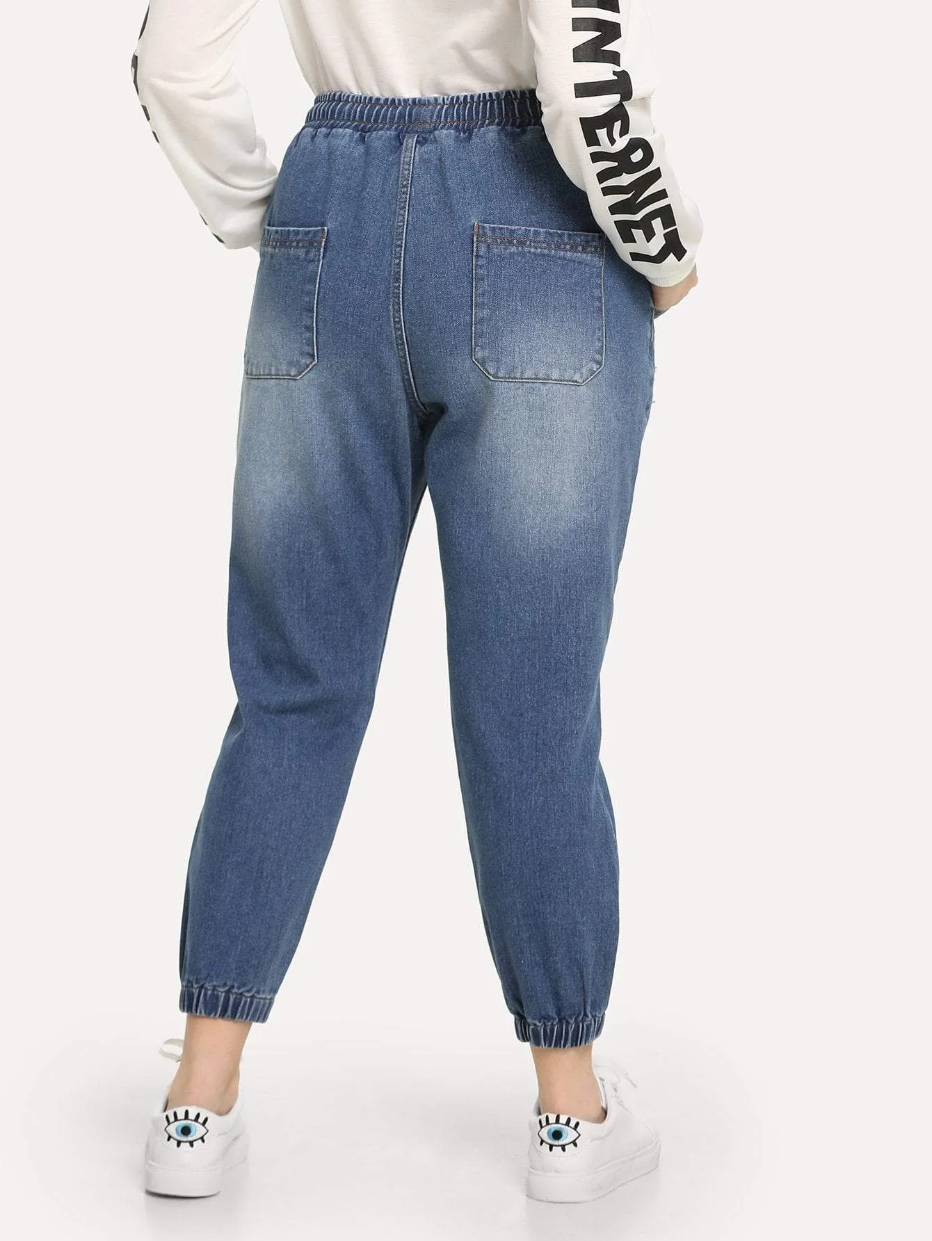 SHEIN Plus Drawstring Waist Bleach Wash Ripped Jeans