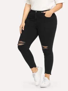 SHEIN Plus Ripped Front Asymmetrical Hem Jeans