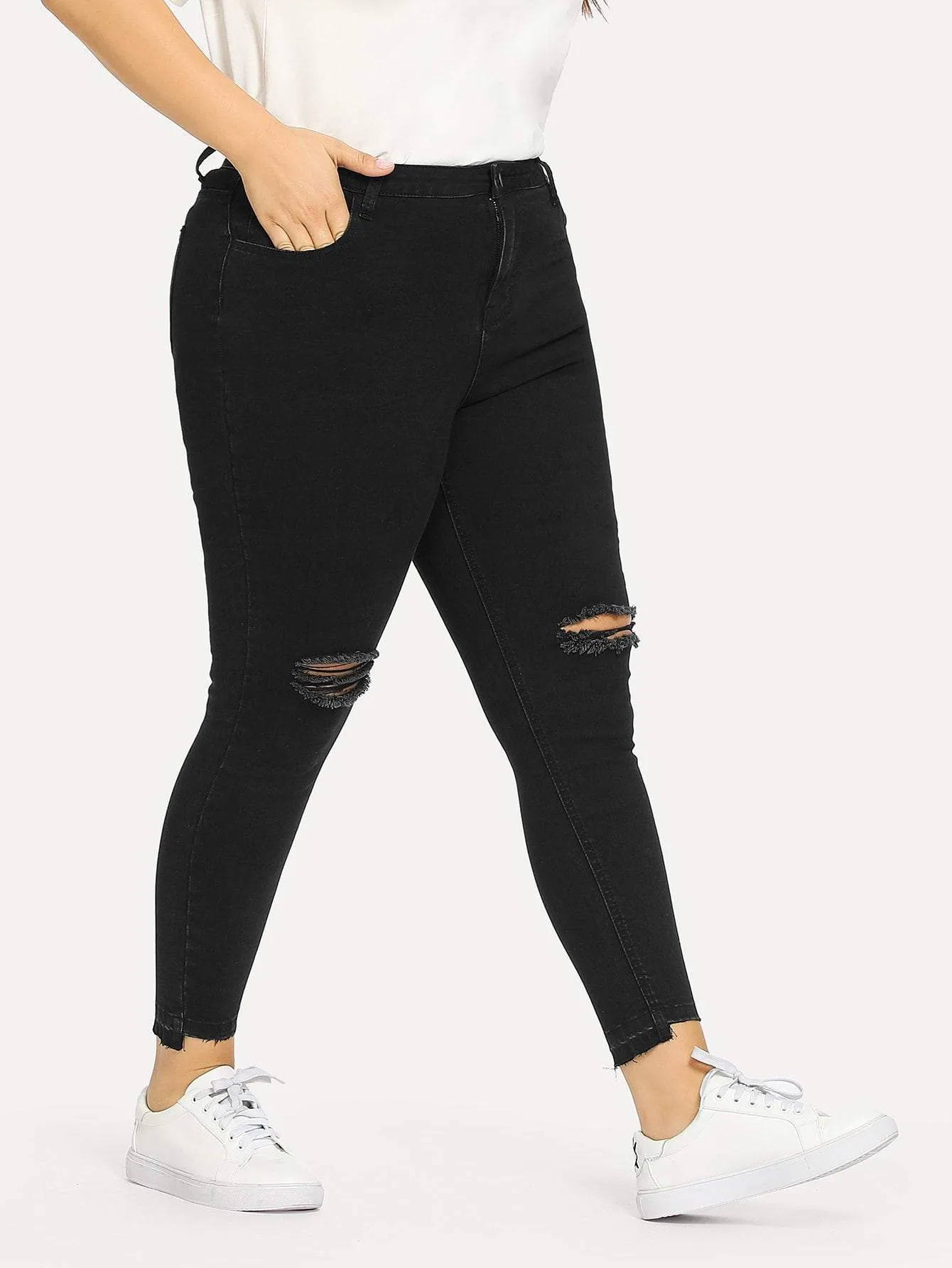 SHEIN Plus Ripped Front Asymmetrical Hem Jeans