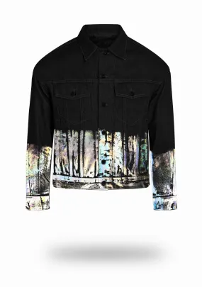 Shorter Classic Black Denim Jacket with Holographic Foil