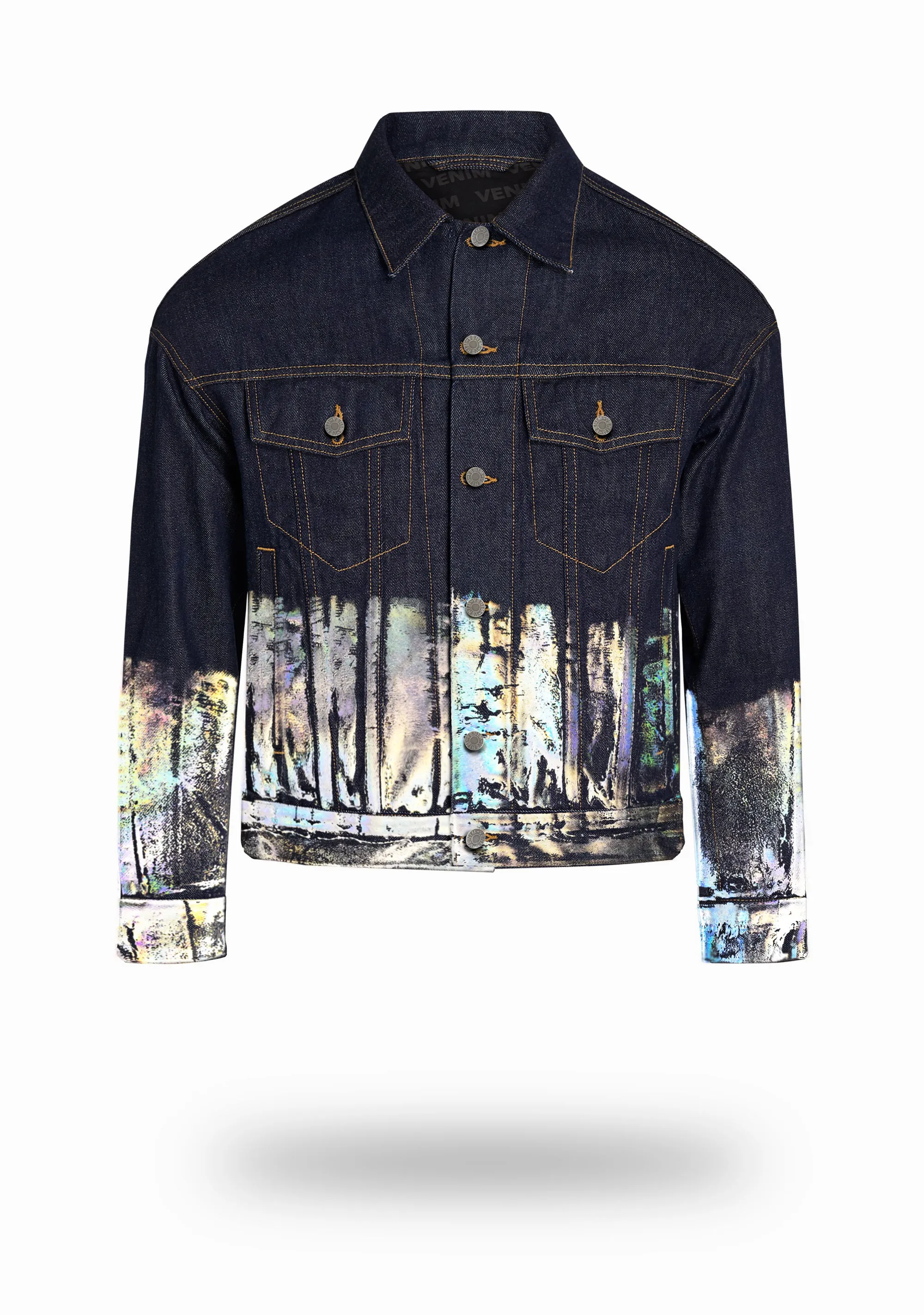 Shorter Indigo Denim Jacket with Holographic Foil