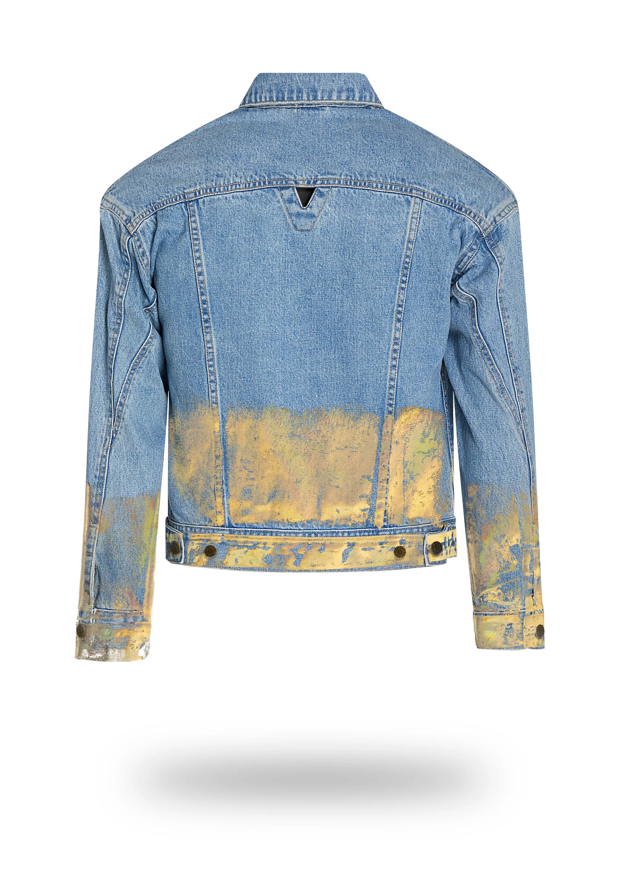 Shorter Light Wash Denim Jacket with Gold Holographic Foil