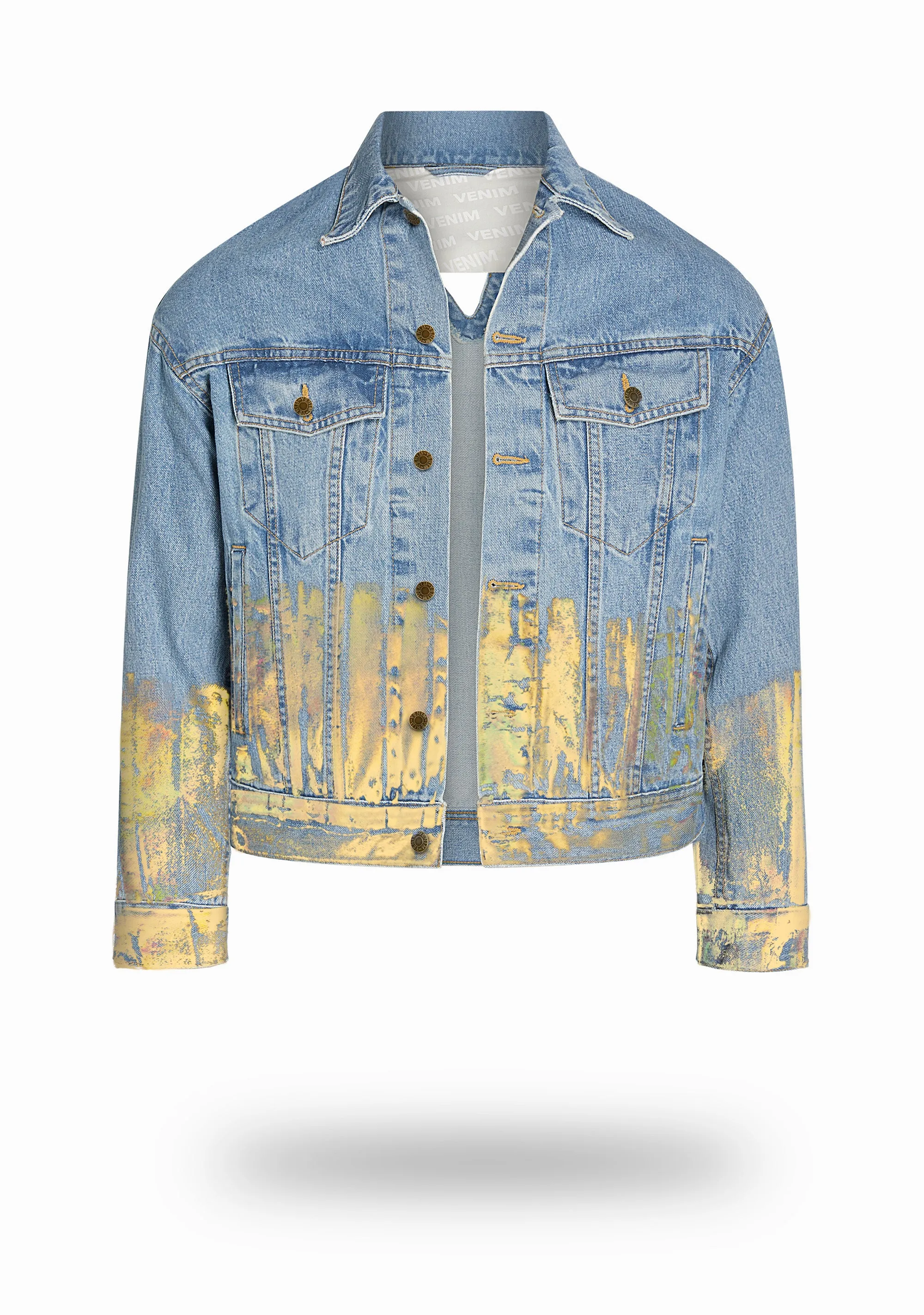 Shorter Light Wash Denim Jacket with Gold Holographic Foil