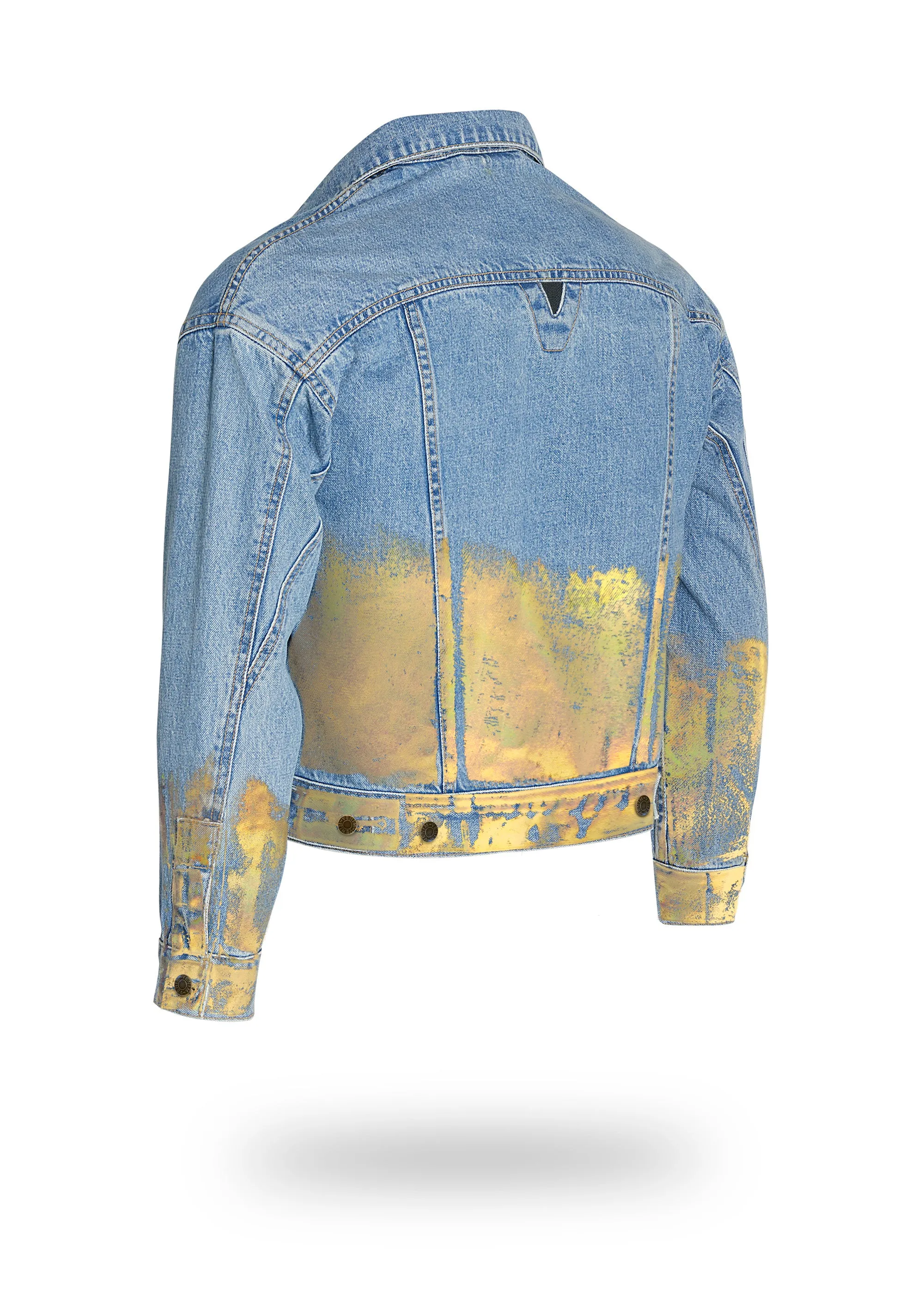 Shorter Light Wash Denim Jacket with Gold Holographic Foil