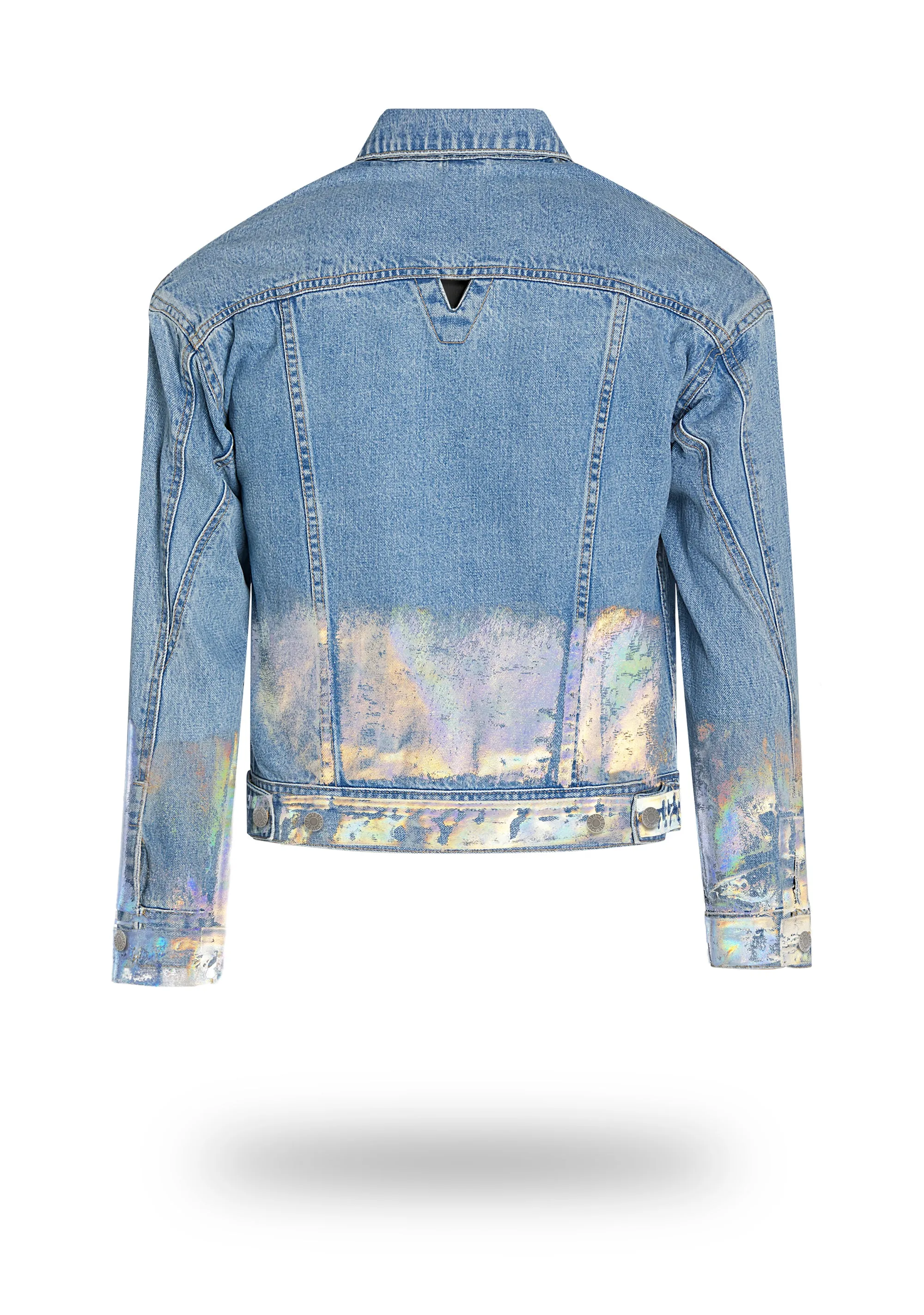 Shorter Light Wash Denim Jacket with Holographic Foil