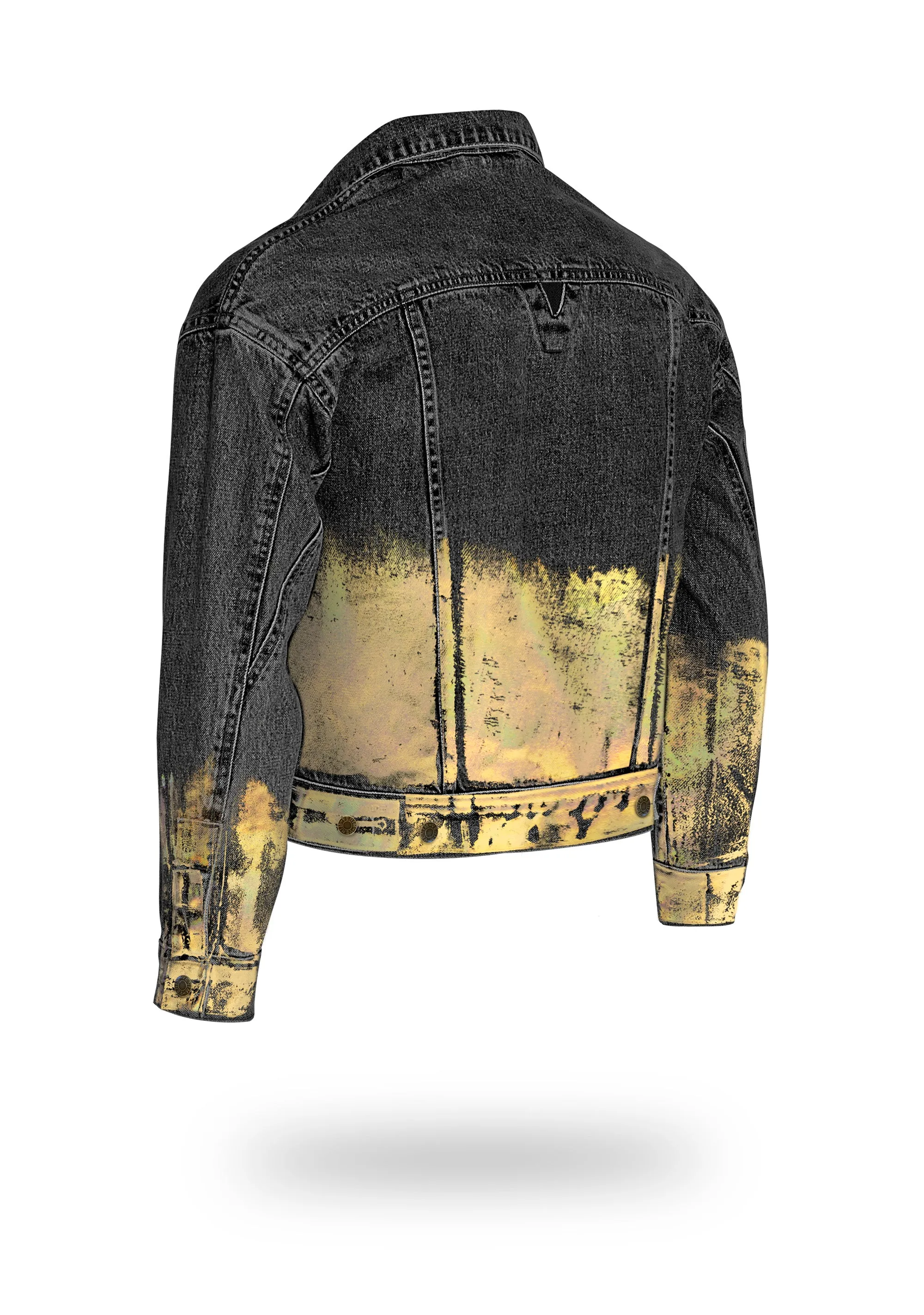 Shorter Washed Black Denim Jacket with Gold Holographic Foil