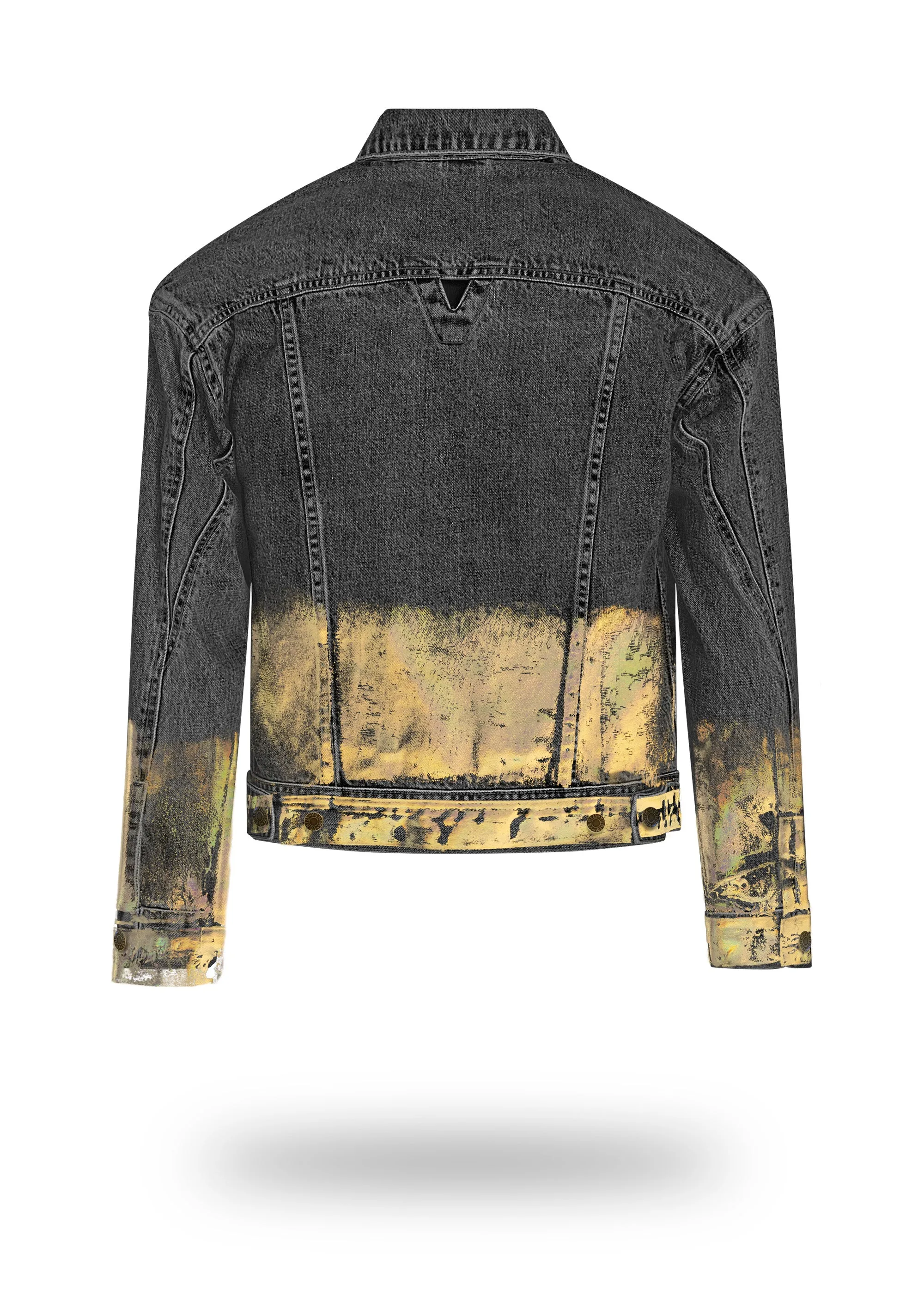 Shorter Washed Black Denim Jacket with Gold Holographic Foil