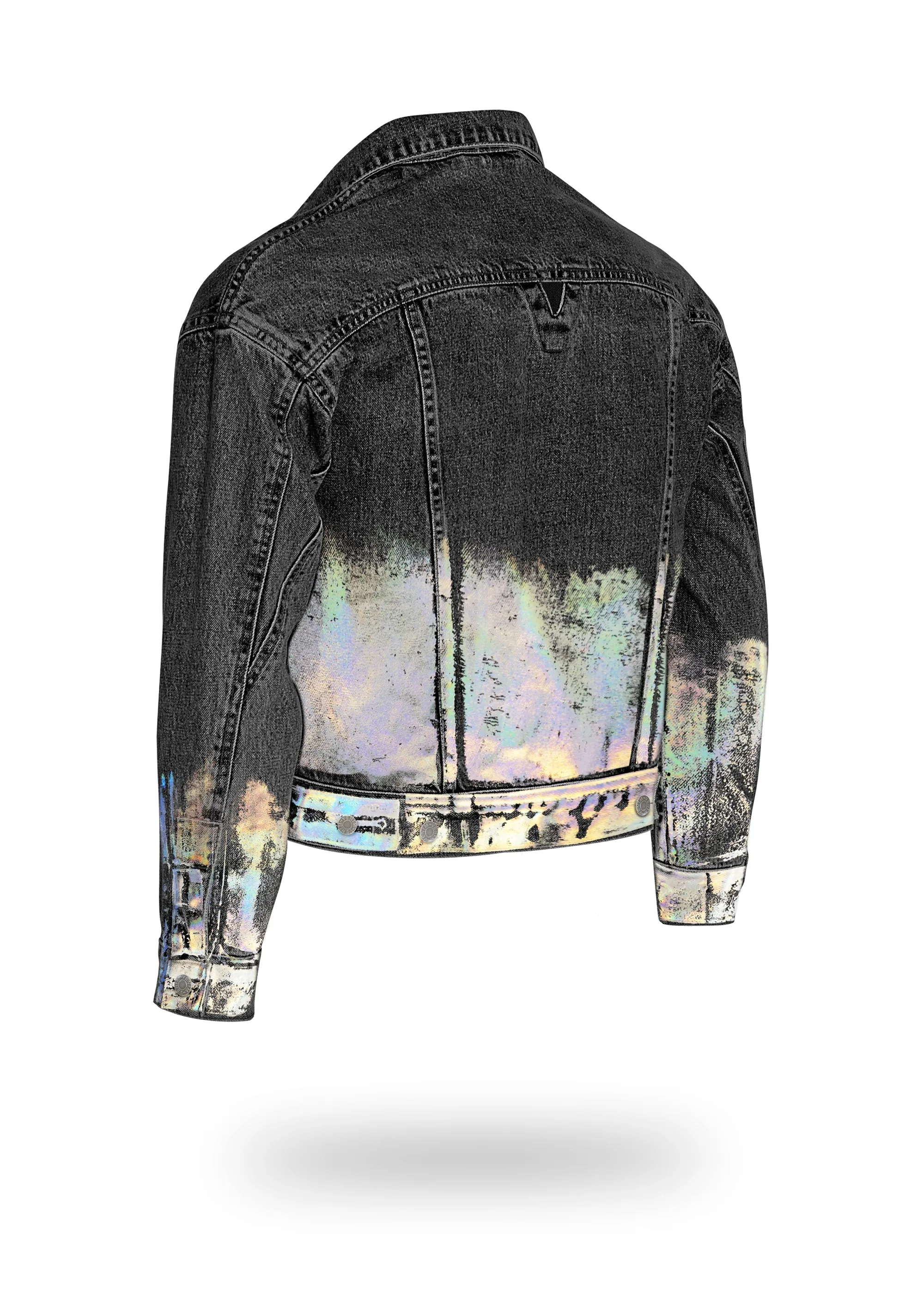 Shorter Washed Black Denim Jacket with Holographic Foil