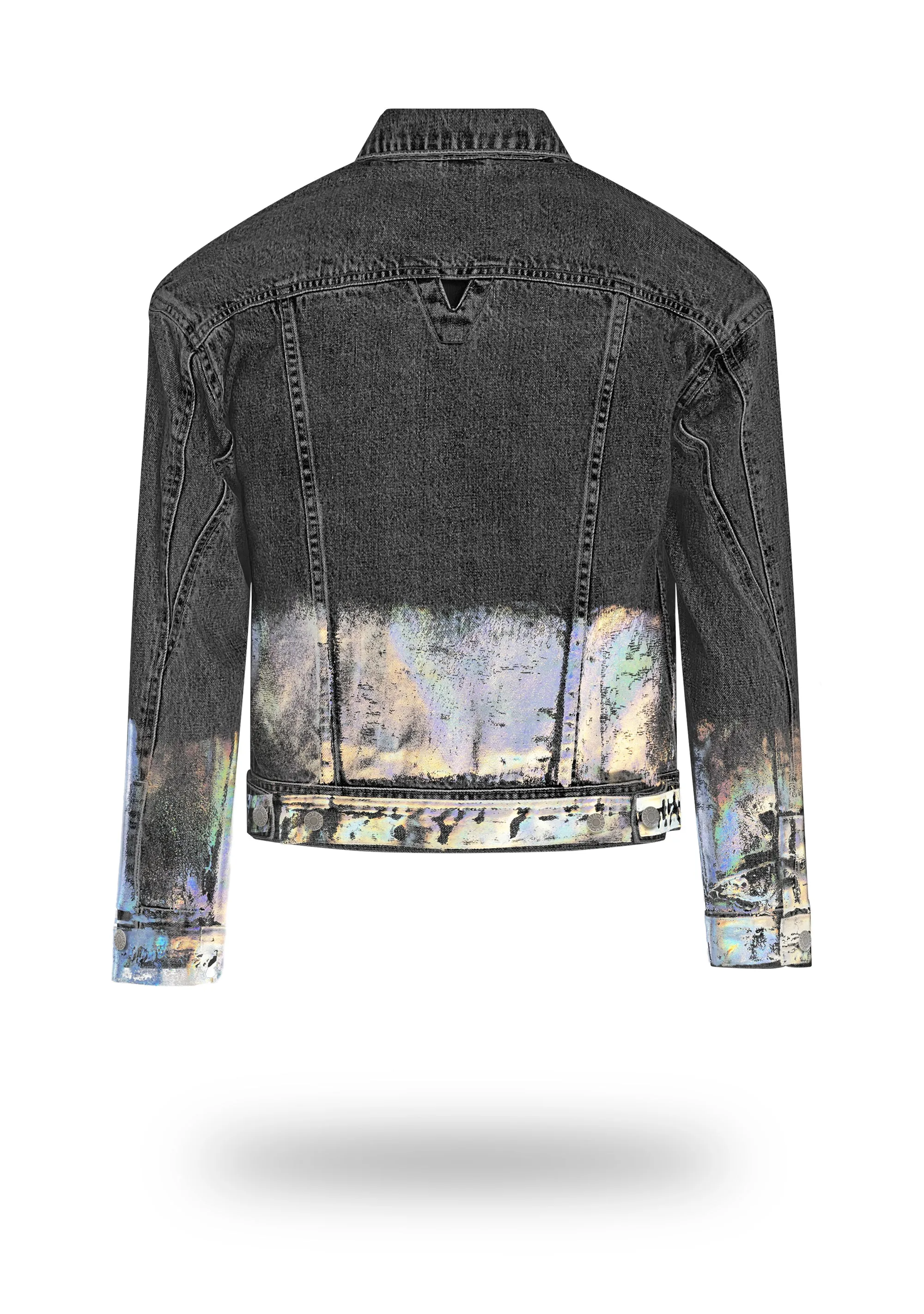 Shorter Washed Black Denim Jacket with Holographic Foil