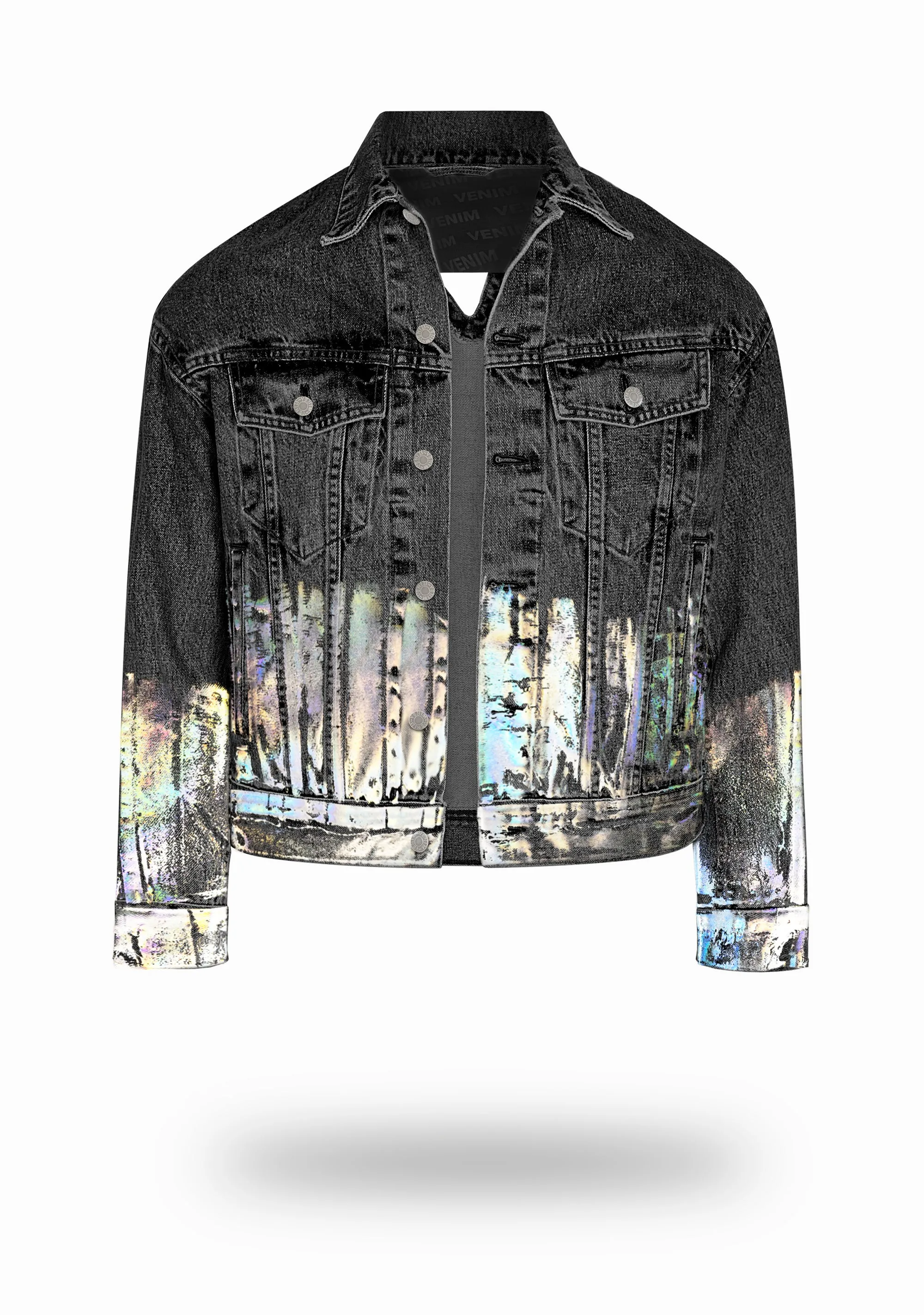 Shorter Washed Black Denim Jacket with Holographic Foil