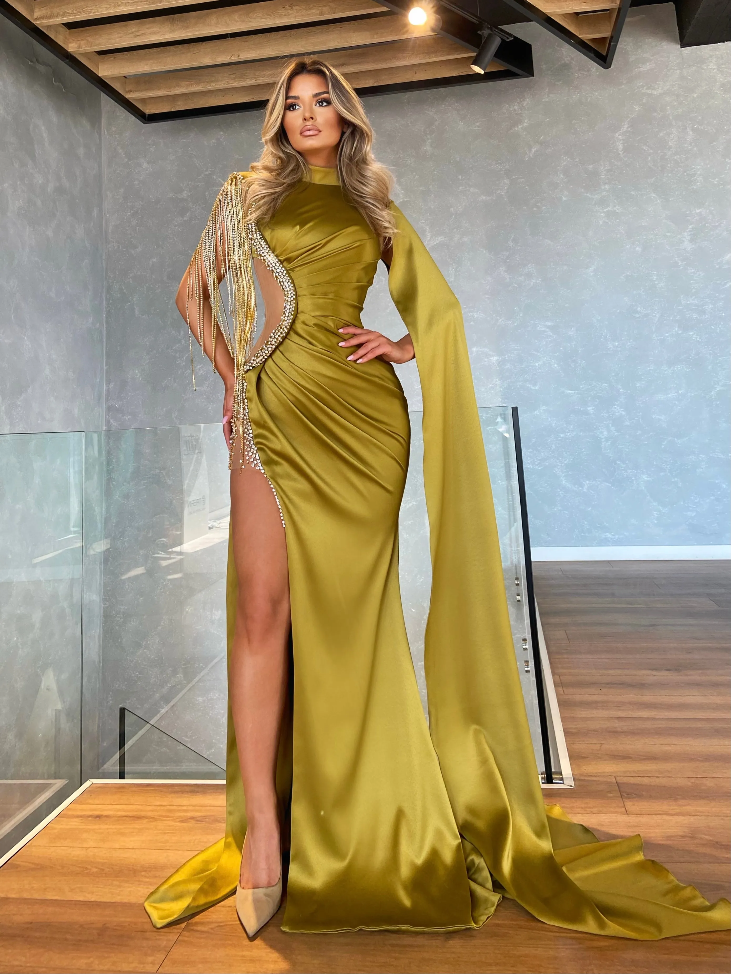 Side Cut-Out Cape Sleeve Olive Dress