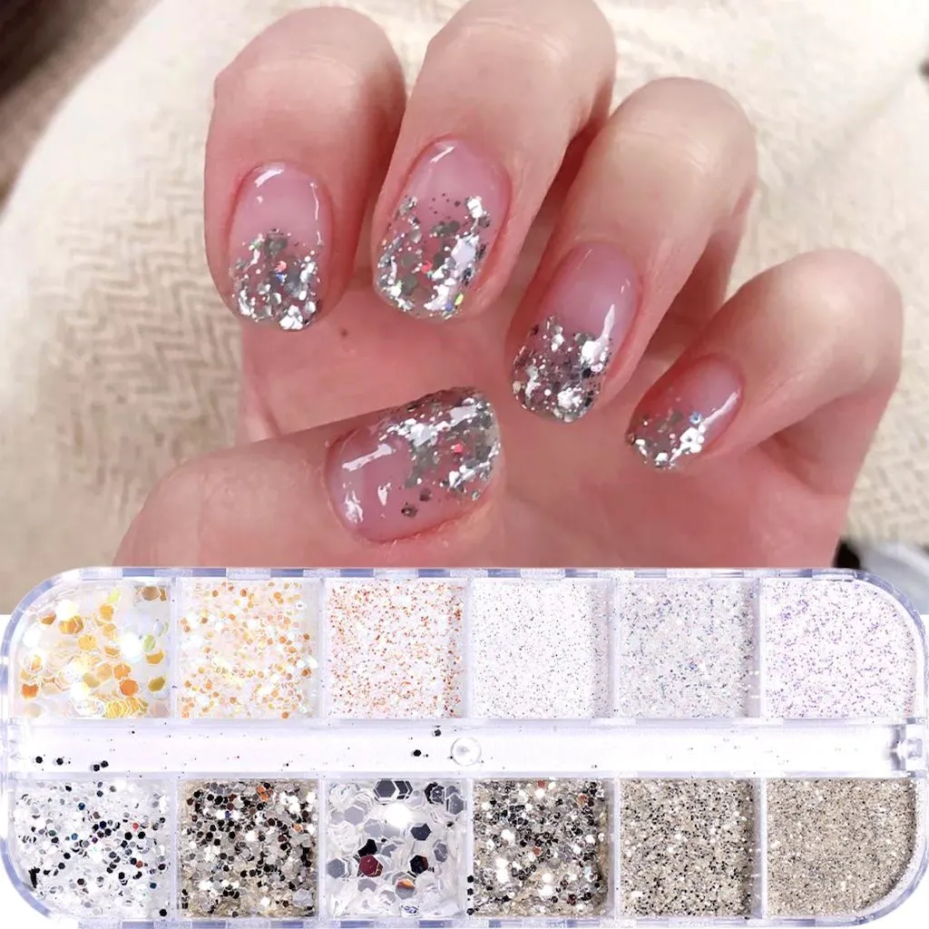 Silver Glitter Flakes and Holographic Sequins Nail Art Tray