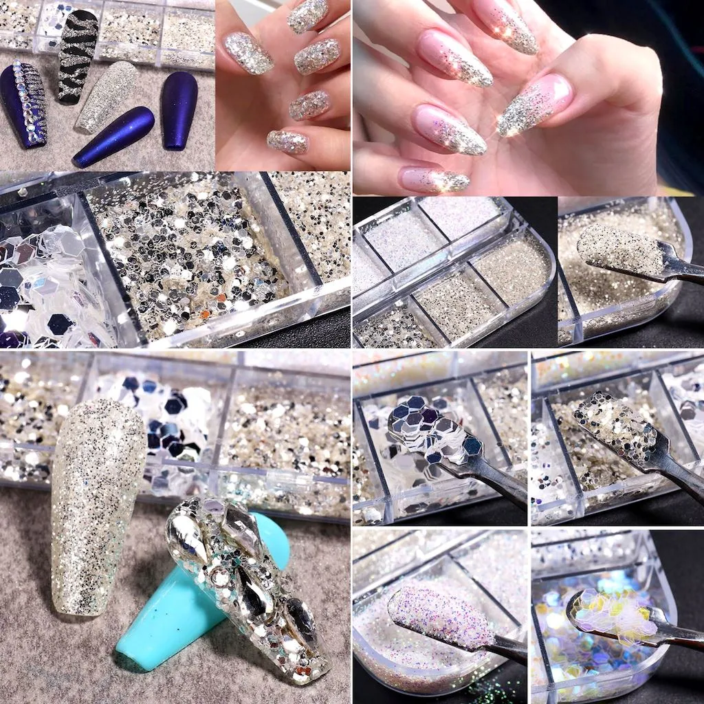 Silver Glitter Flakes and Holographic Sequins Nail Art Tray