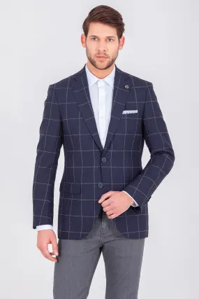 Slim Fit Notch Lapel Checked Wool & Linen Blend Dark Navy Casual Blazer, Dark Navy K.