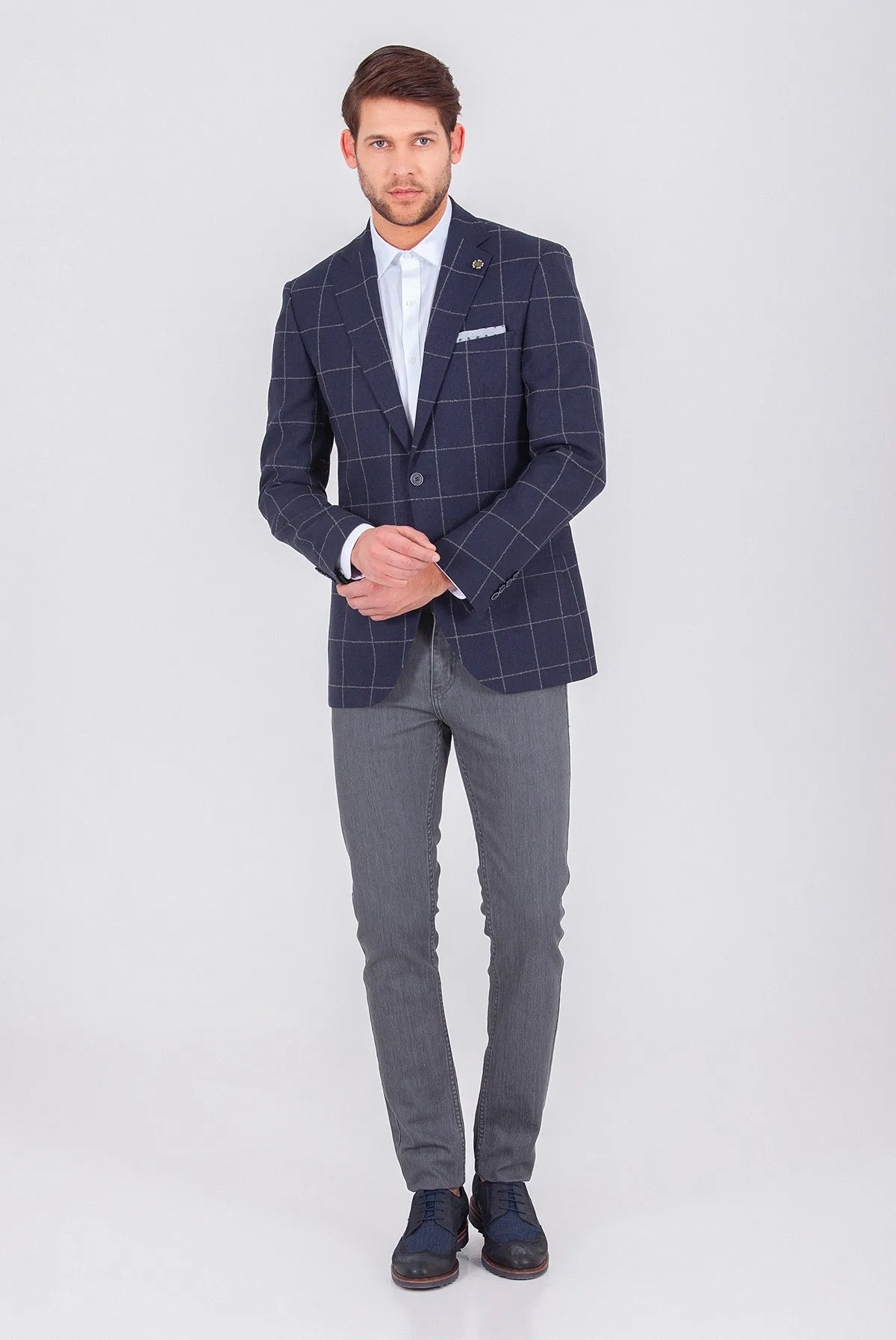 Slim Fit Notch Lapel Checked Wool & Linen Blend Dark Navy Casual Blazer, Dark Navy K.