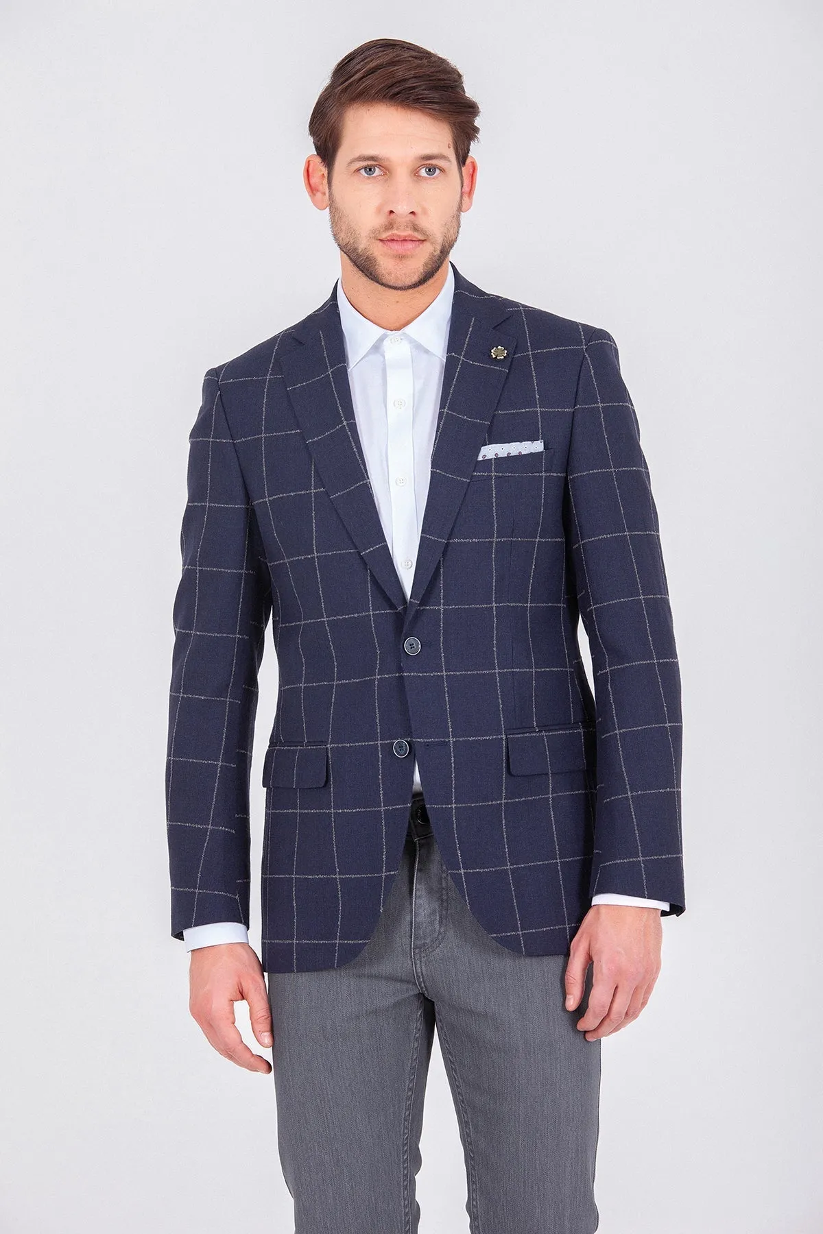 Slim Fit Notch Lapel Checked Wool & Linen Blend Dark Navy Casual Blazer, Dark Navy K.