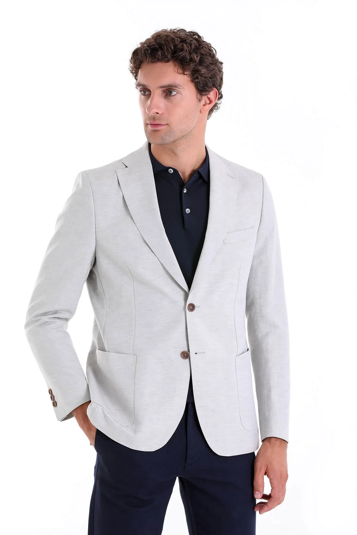 Slim Fit Notch Lapel Gray Linen Casual Blazer