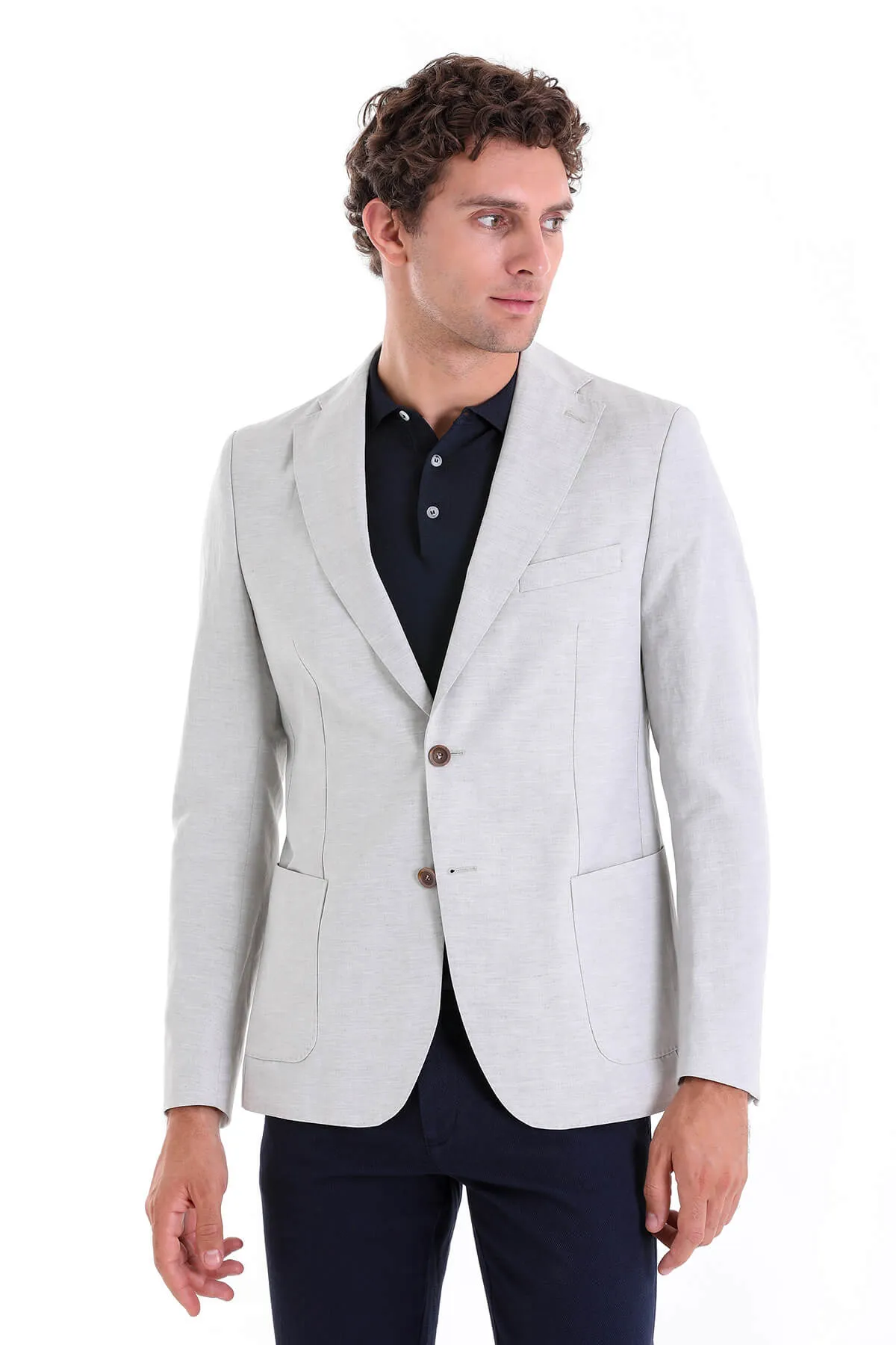 Slim Fit Notch Lapel Gray Linen Casual Blazer