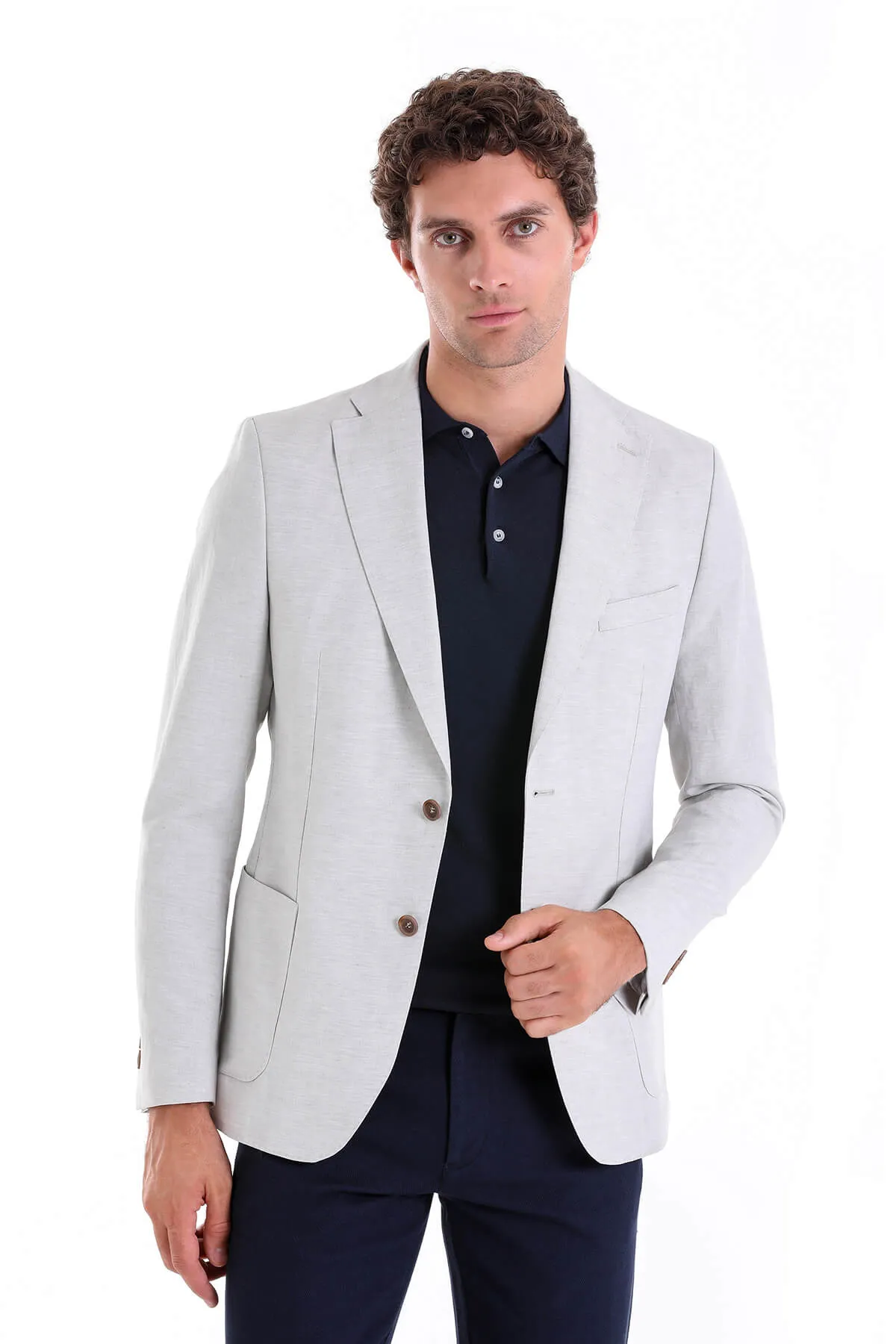 Slim Fit Notch Lapel Gray Linen Casual Blazer