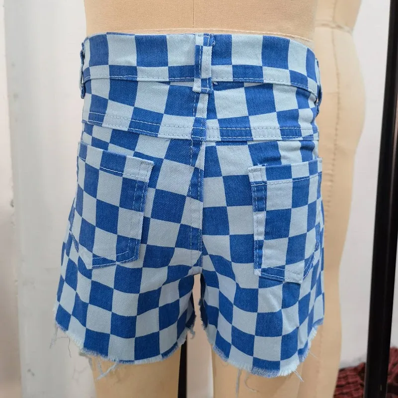 SS0093 Blue Check Denim Shorts