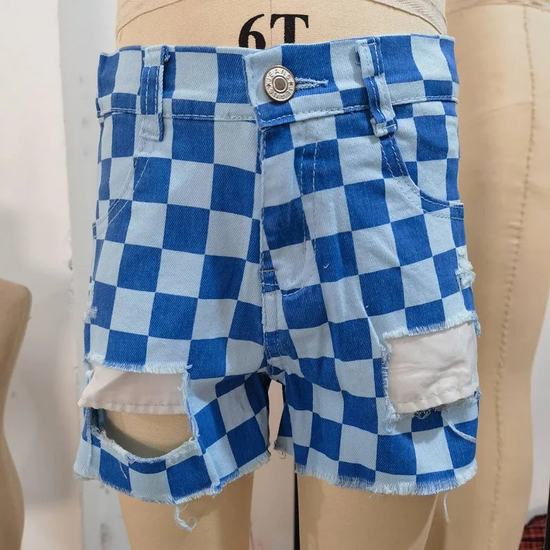 SS0093 Blue Check Denim Shorts