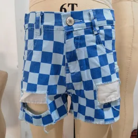 SS0093 Blue Check Denim Shorts