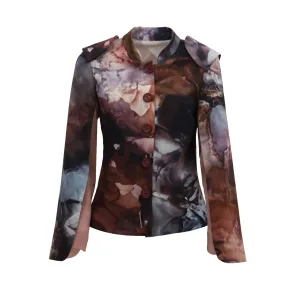 Tailored Structured Cape Blazer Abstract Brown Print