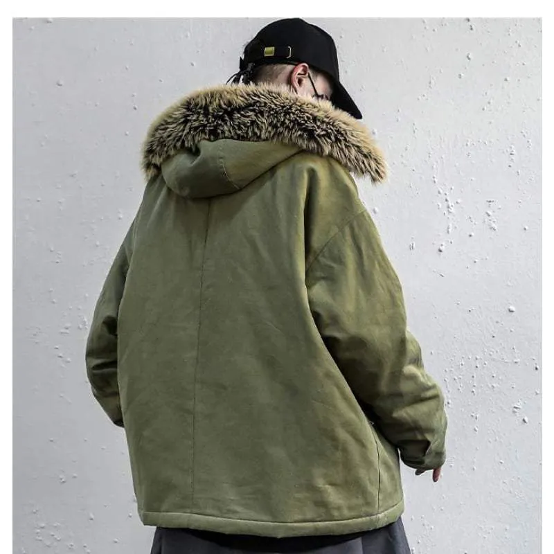 Techwear Green Cargo Jacket with Fur Hood