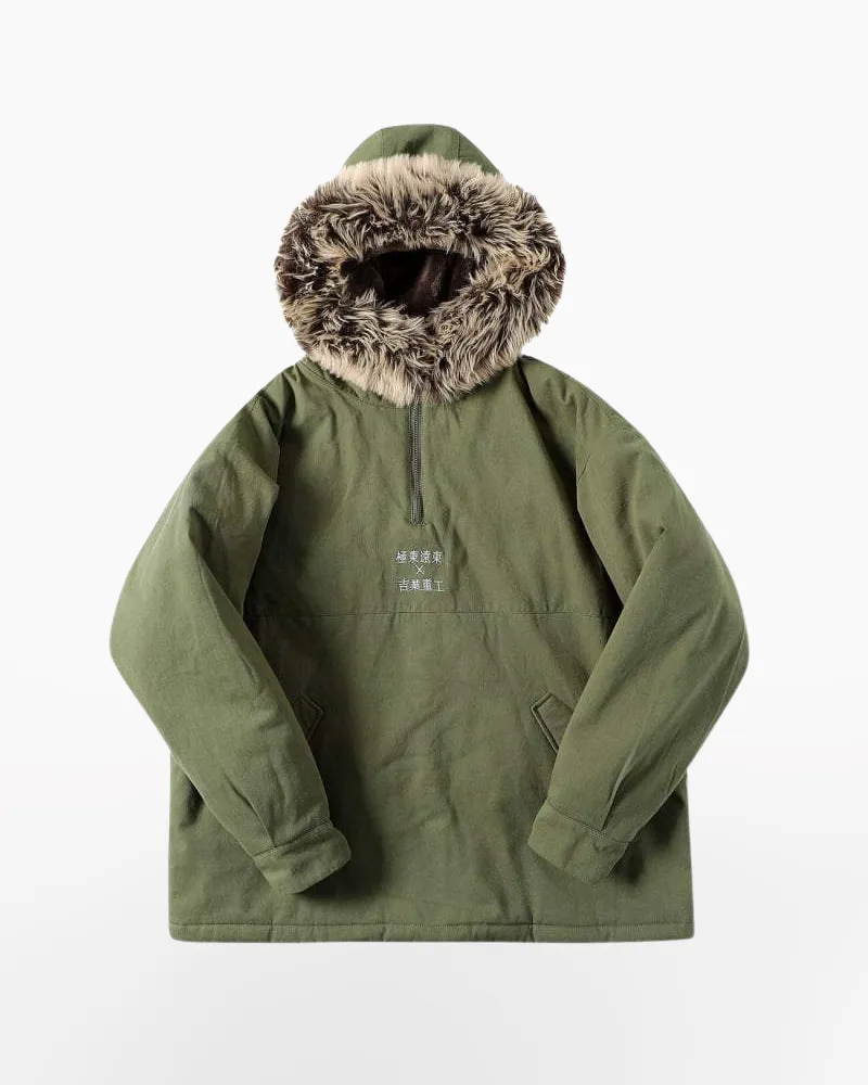 Techwear Green Cargo Jacket with Fur Hood