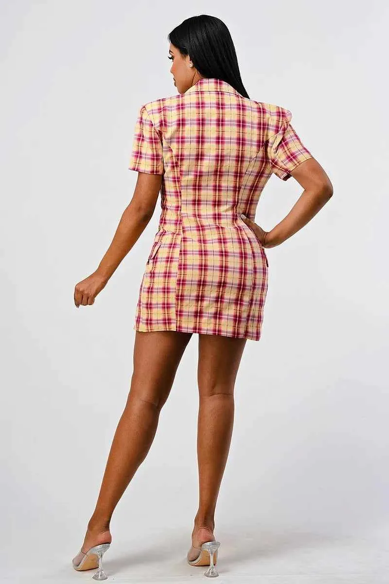 Wide Collared Plaid Blazer Mini Dress