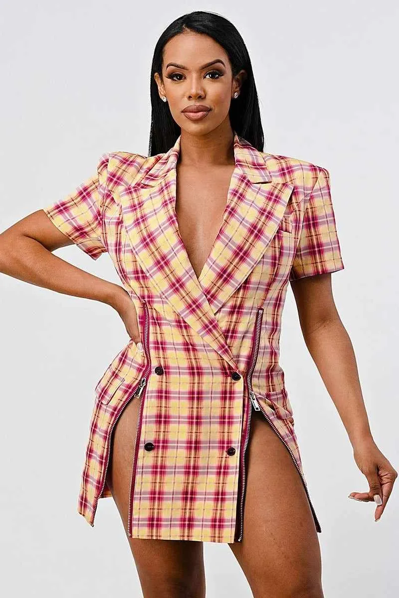 Wide Collared Plaid Blazer Mini Dress