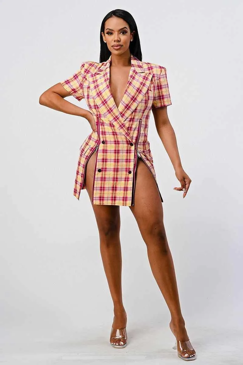 Wide Collared Plaid Blazer Mini Dress