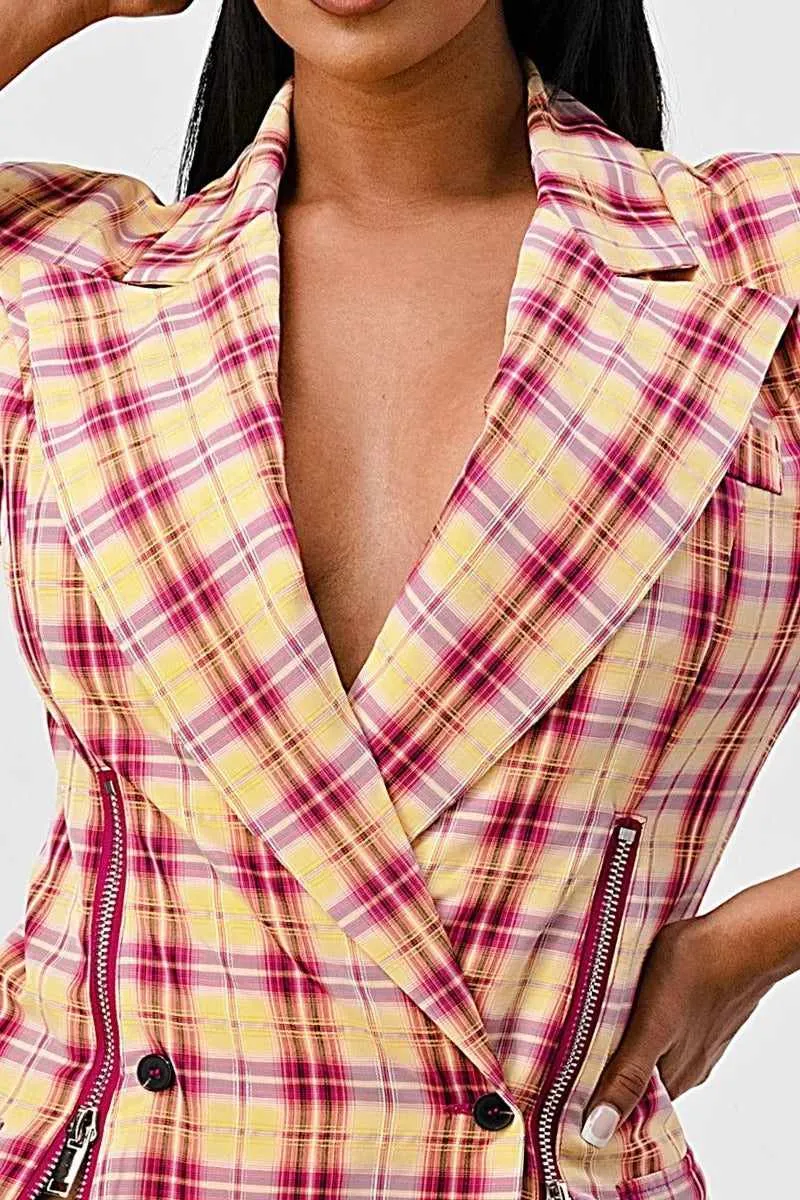 Wide Collared Plaid Blazer Mini Dress