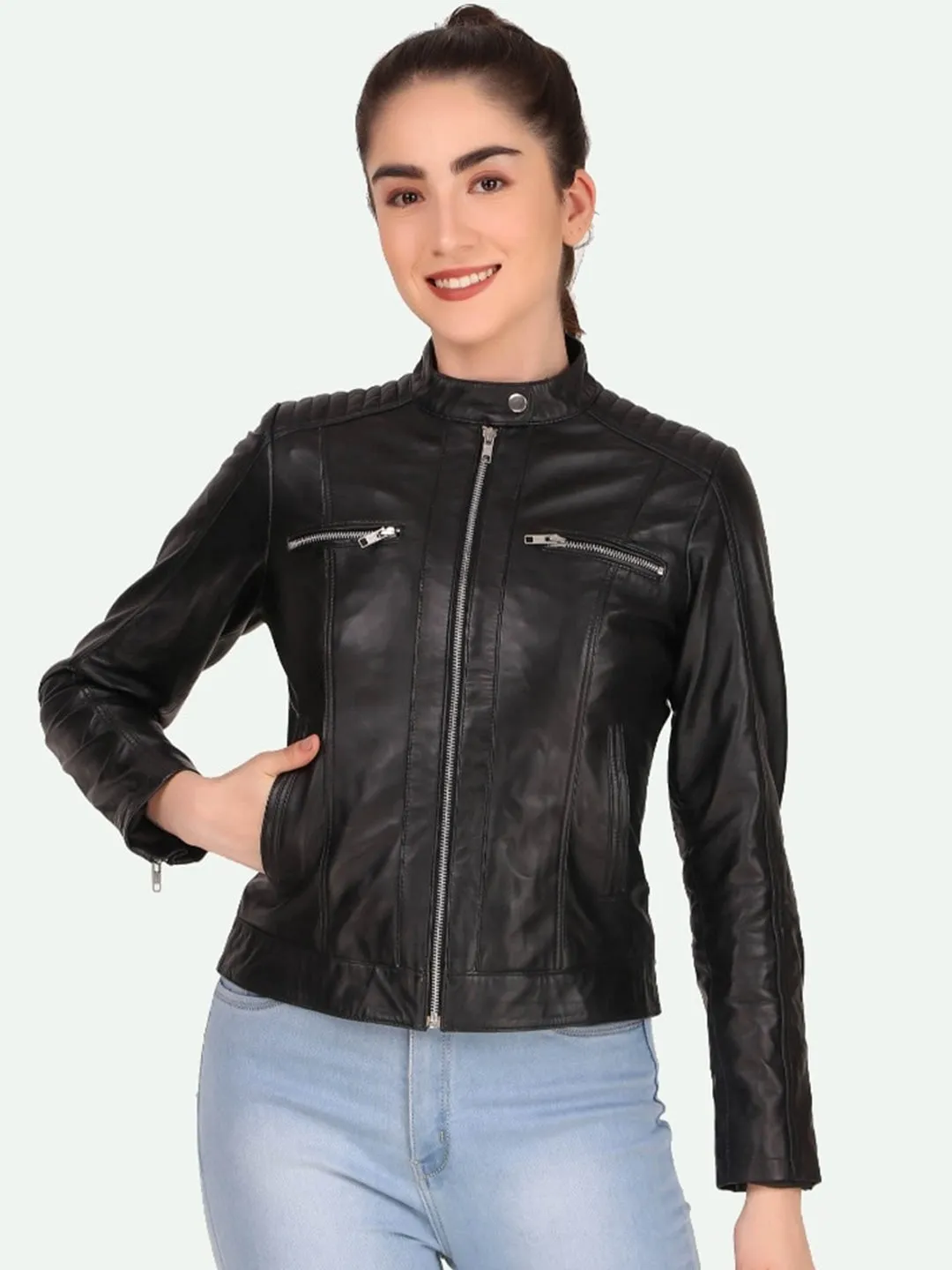 Women Black Leather Crop Outdoor Biker Jacket