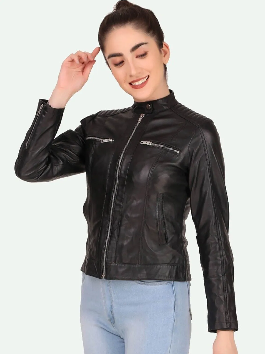 Women Black Leather Crop Outdoor Biker Jacket