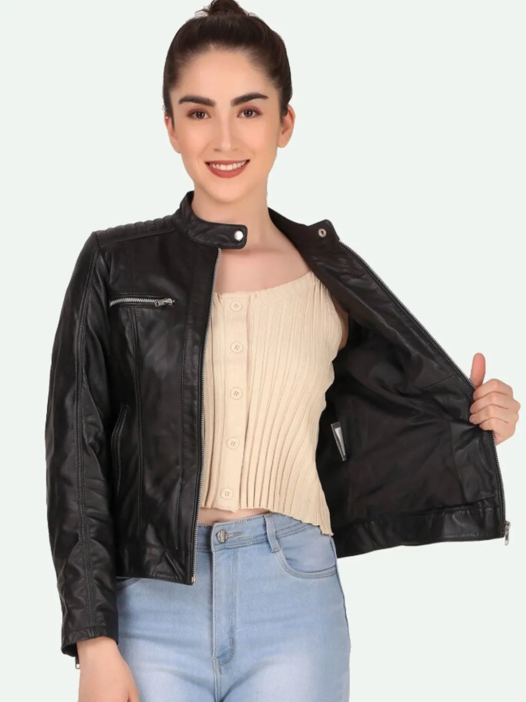 Women Black Leather Crop Outdoor Biker Jacket